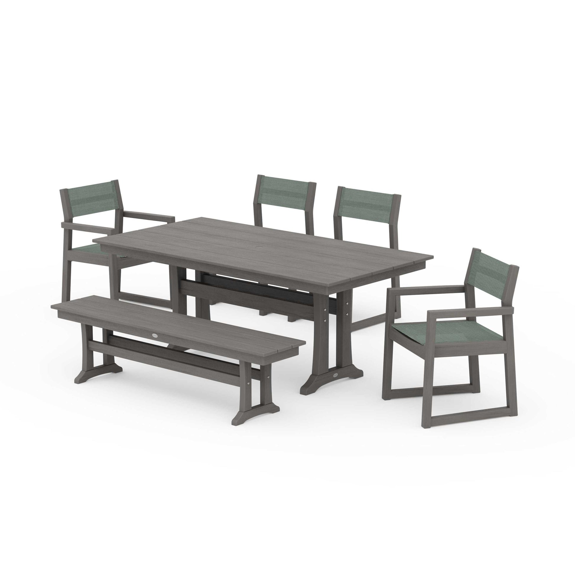 POLYWOOD EDGE Sling 6-Piece Farmhouse Dining Set With Trestle Legs — Driftwood / Dupioni Sea Mist Sling