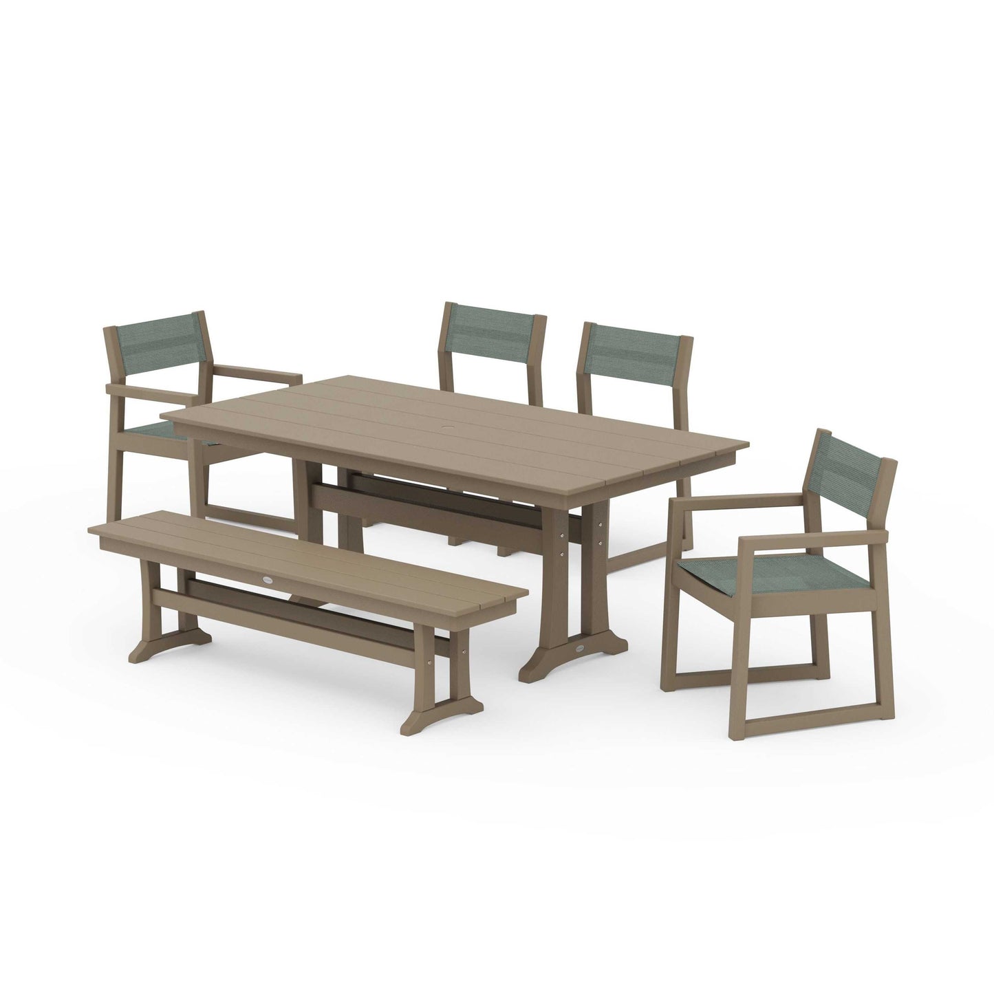 POLYWOOD EDGE Sling 6-Piece Farmhouse Dining Set With Trestle Legs — Vintage Sahara / Dupioni Sea Mist Sling
