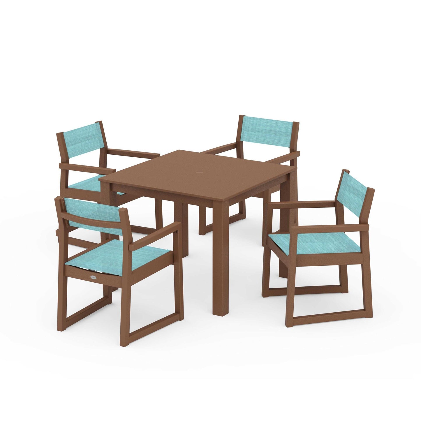 POLYWOOD EDGE Sling Arm Chair 5-Piece Parsons Dining Set — Teak / Dupioni Aquamarine Sling
