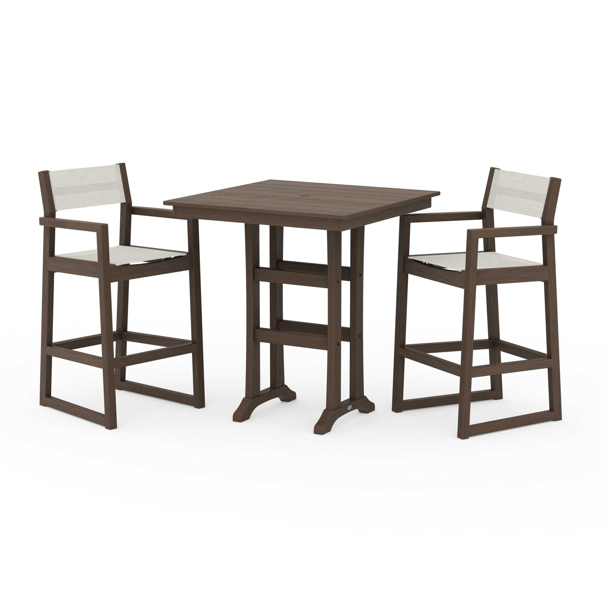 POLYWOOD EDGE Sling Arm Chair 3-Piece Farmhouse Bar Set with Trestle Legs — Kona / Parchment Sling
