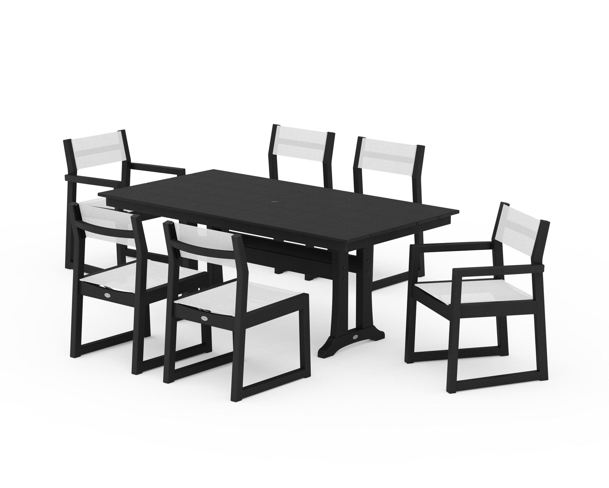 POLYWOOD EDGE Sling 7-Piece Farmhouse Trestle Dining Set — Black / White Sling