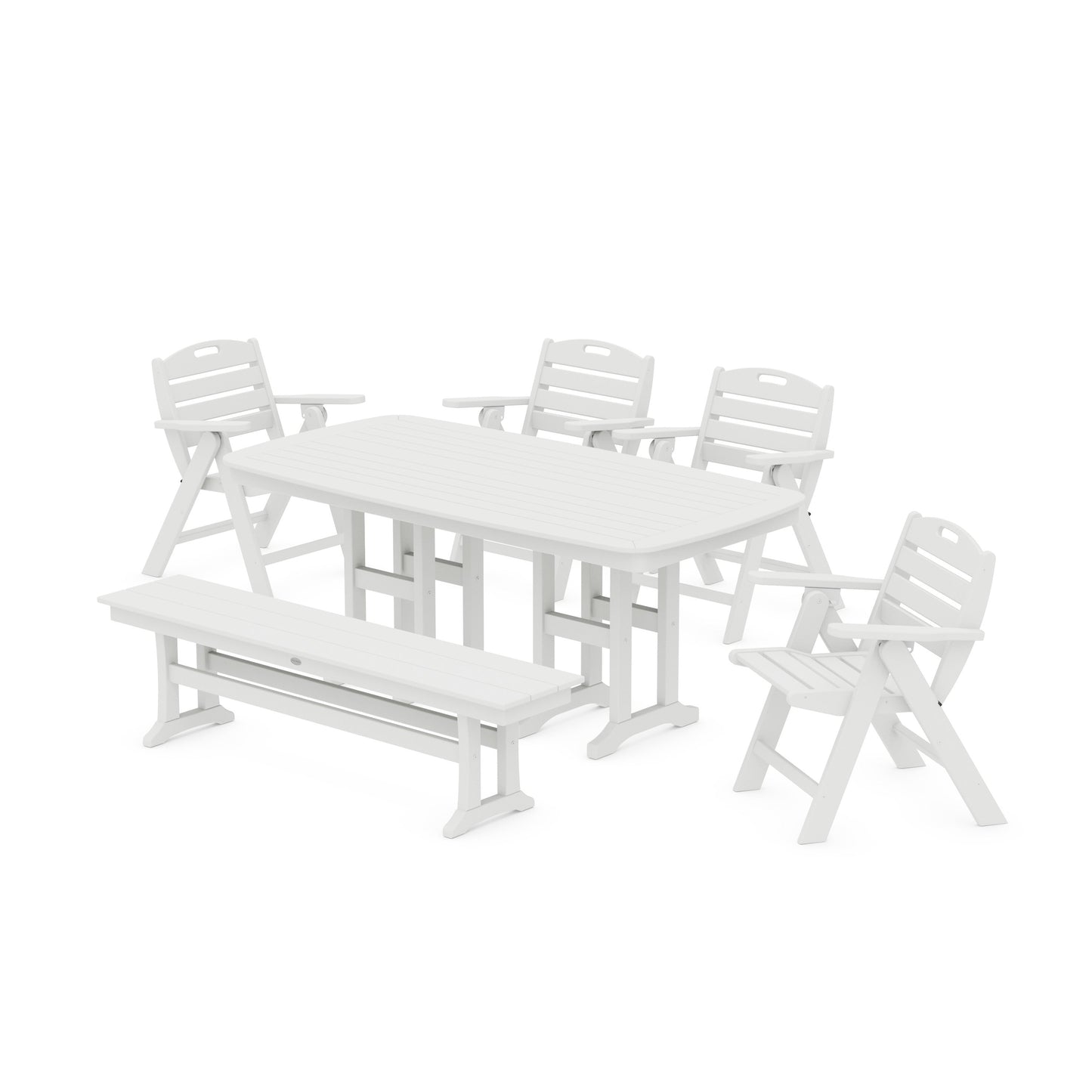 POLYWOOD Nautical Lowback 6-Piece Dining Set with Bench — White
