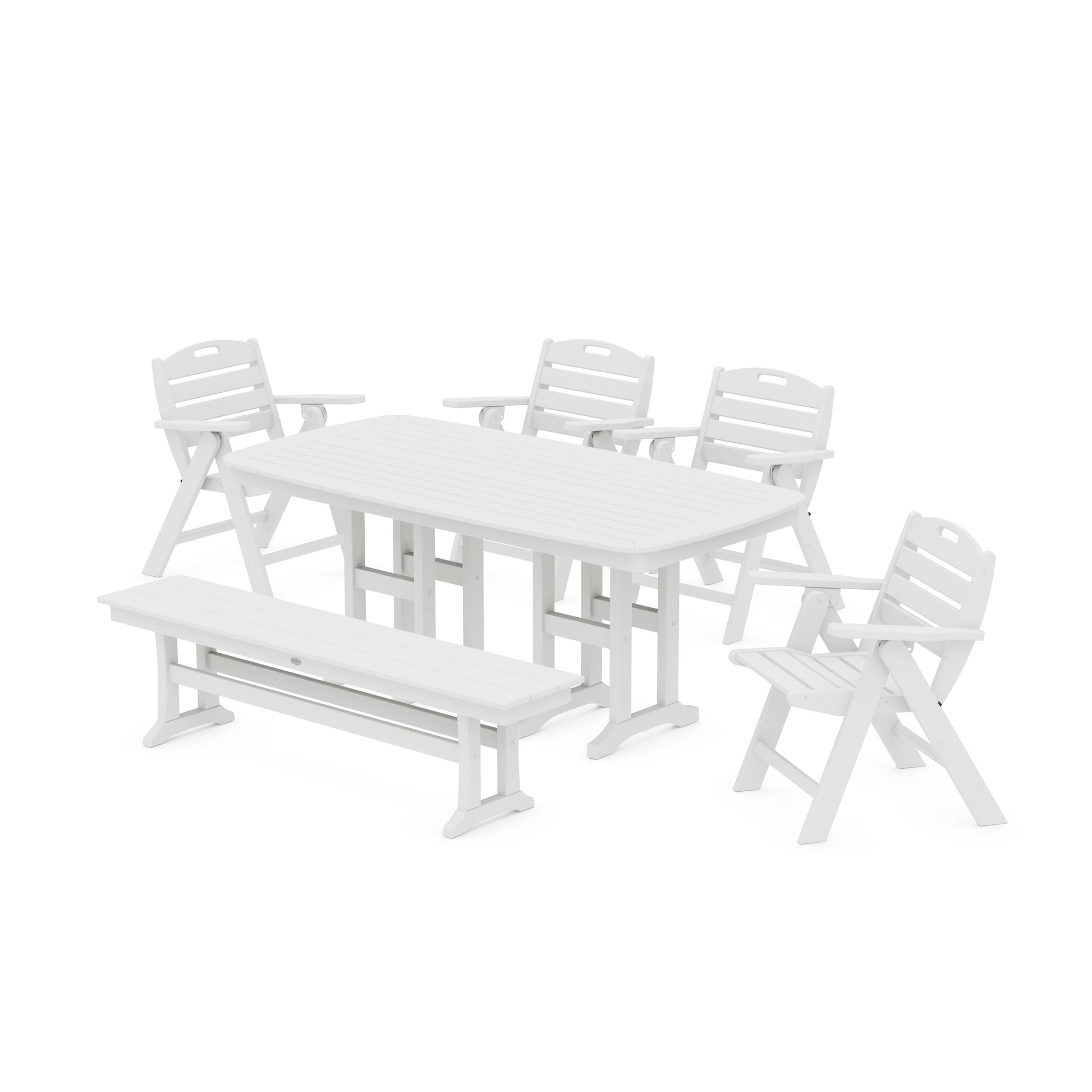 POLYWOOD Nautical Lowback 6-Piece Dining Set with Bench — White