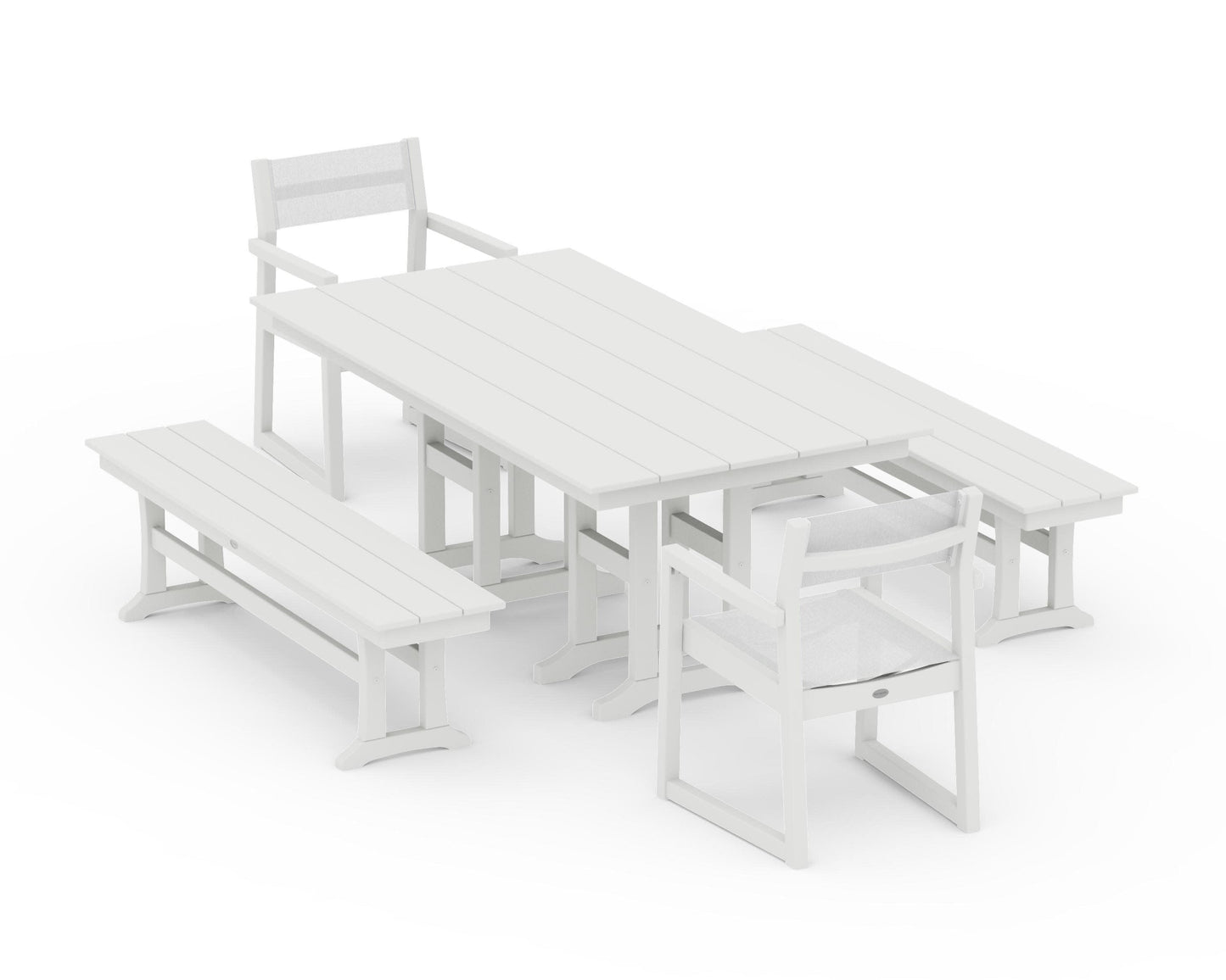 POLYWOOD EDGE Sling Arm Chair 5-Piece Farmhouse Dining Set with Benches — Vintage White / White Sling