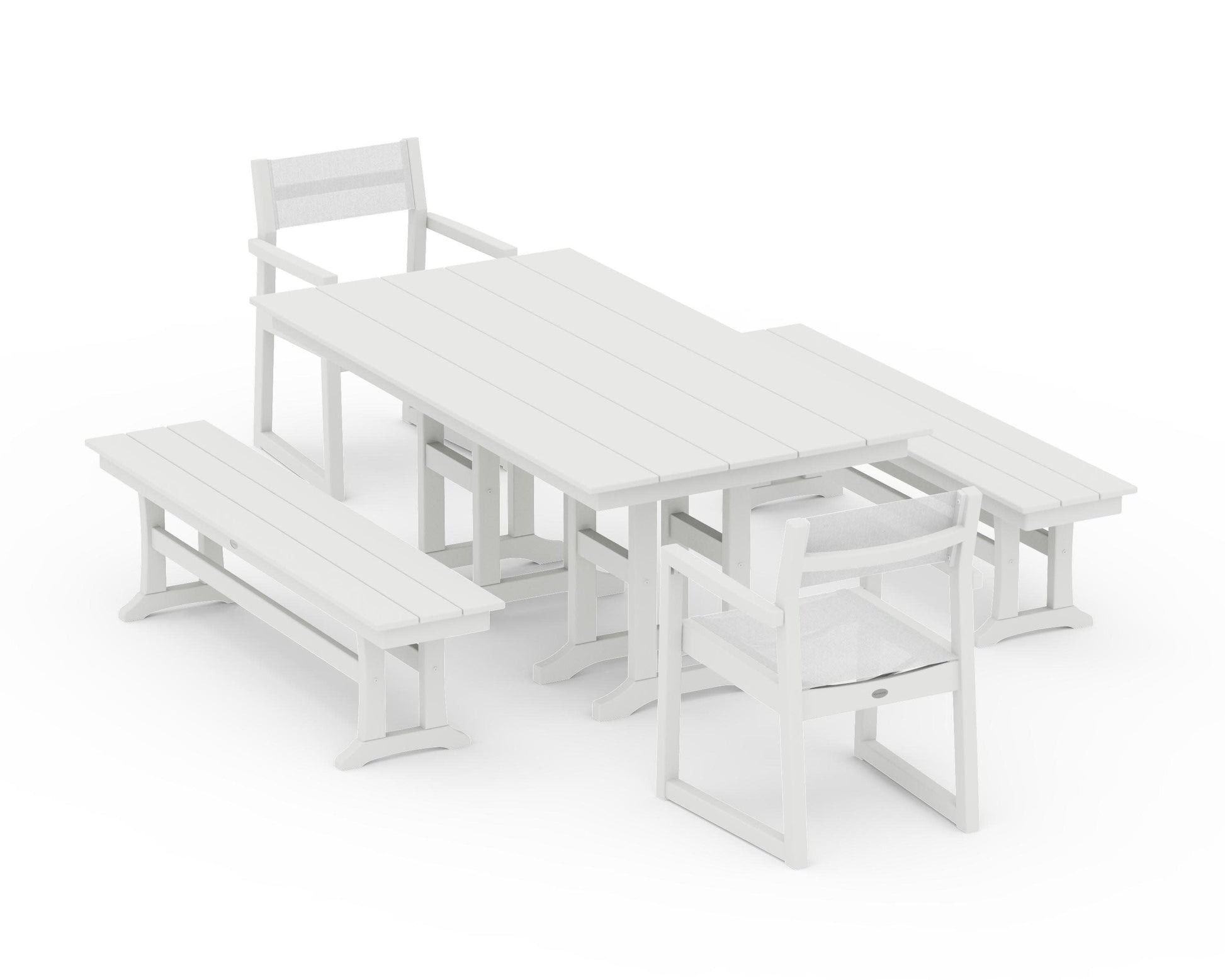 POLYWOOD EDGE Sling Arm Chair 5-Piece Farmhouse Dining Set with Benches — Vintage White / White Sling