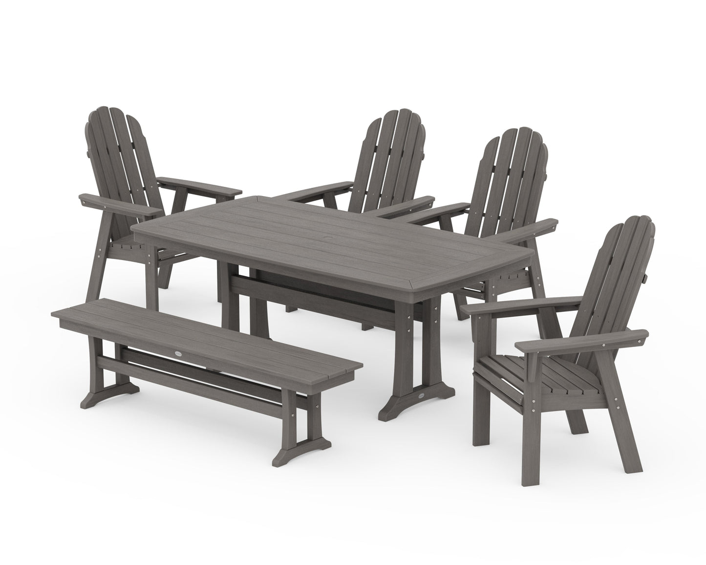 POLYWOOD Vineyard Curveback Adirondack Chair 6-Piece Dining Set with Trestle Legs and Bench — Driftwood