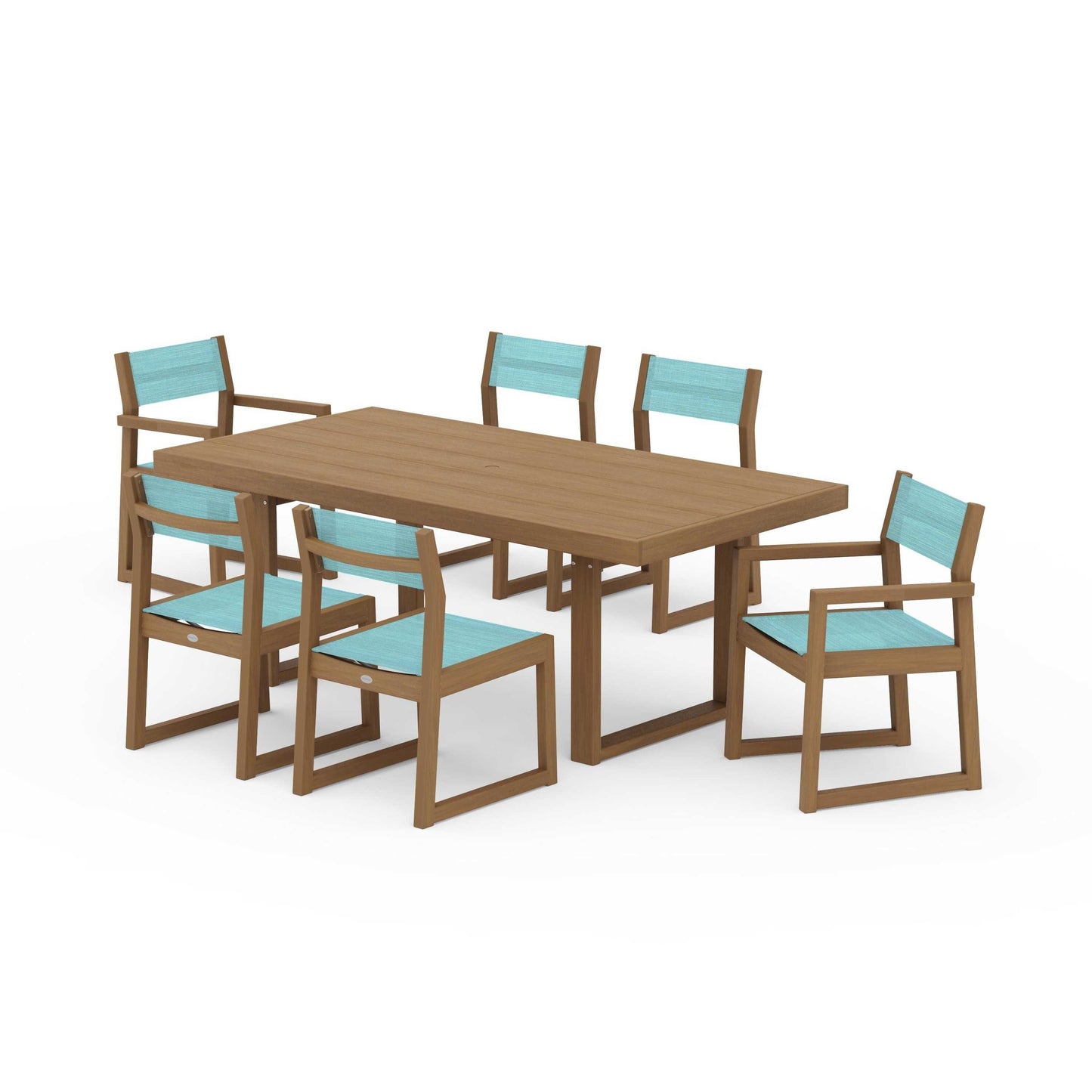 POLYWOOD EDGE Sling 7-Piece Dining Set — Natural / Dupioni Aquamarine Sling