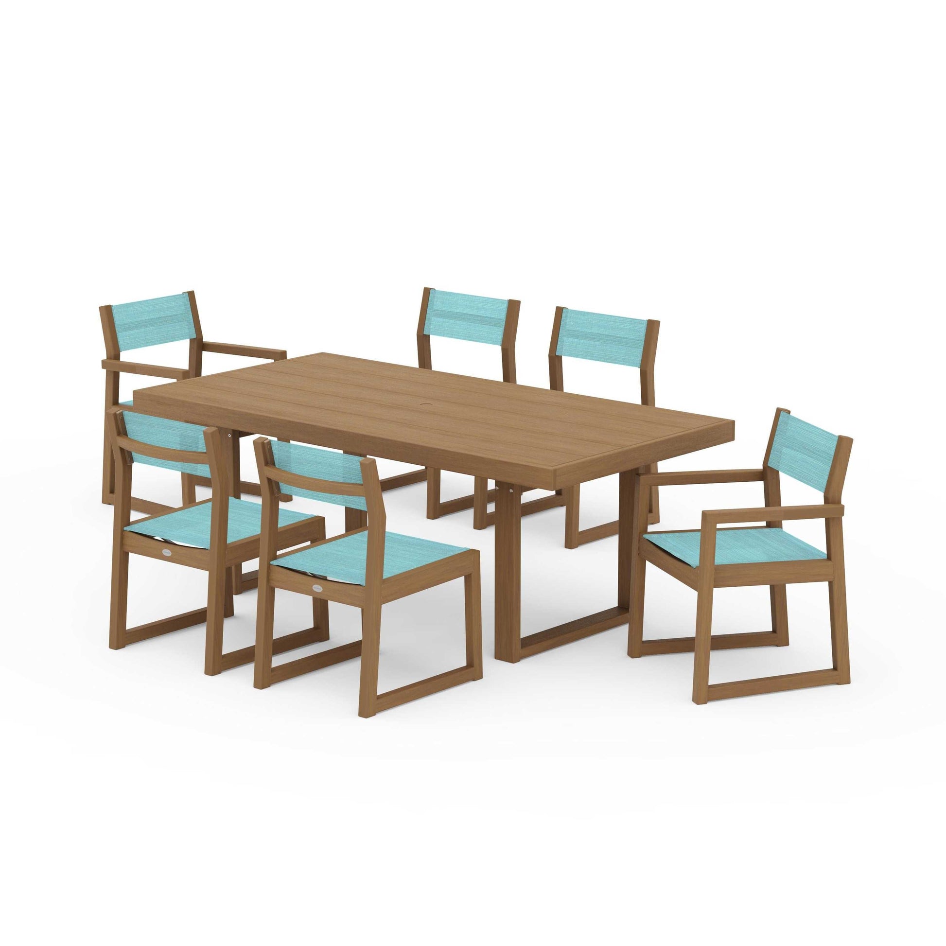 POLYWOOD EDGE Sling 7-Piece Dining Set — Natural / Dupioni Aquamarine Sling