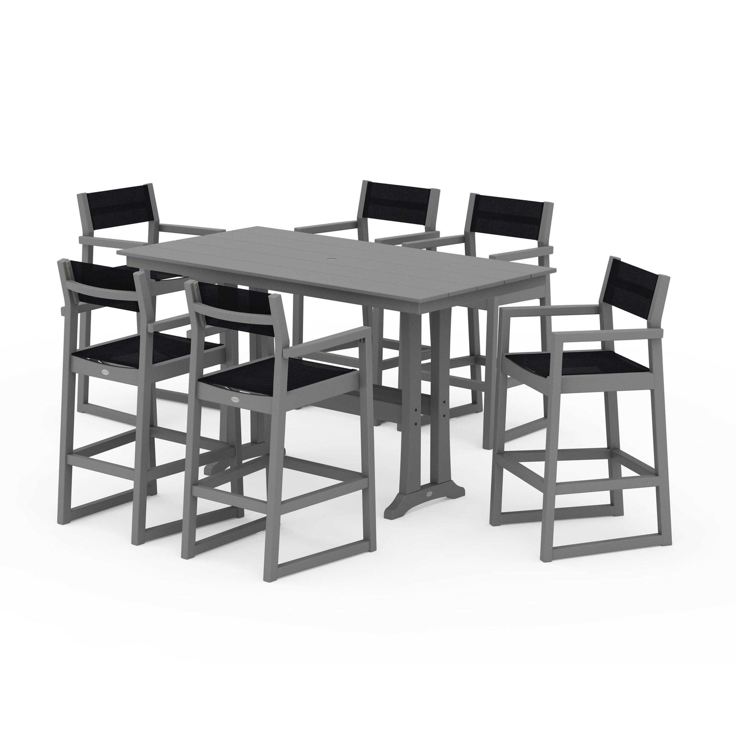 POLYWOOD EDGE Sling Arm Chair 7-Piece Farmhouse Bar Set with Trestle Legs — Slate Grey / Black Sling