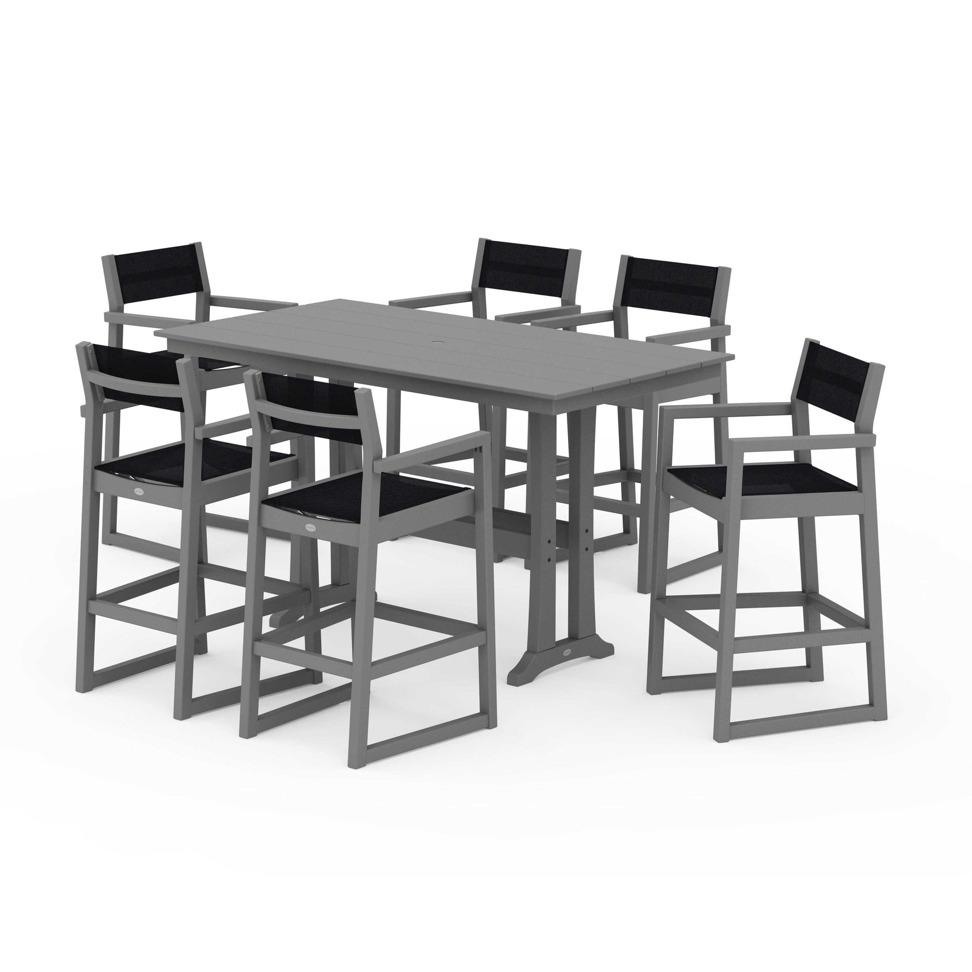 POLYWOOD EDGE Sling Arm Chair 7-Piece Farmhouse Bar Set with Trestle Legs — Slate Grey / Black Sling
