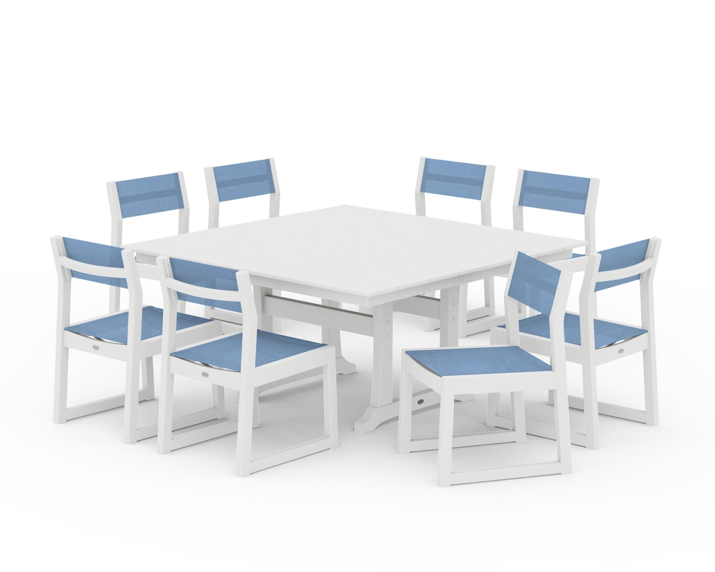POLYWOOD EDGE Sling Side Chair 9-Piece Farmhouse Trestle Dining Set — White / Poolside Sling