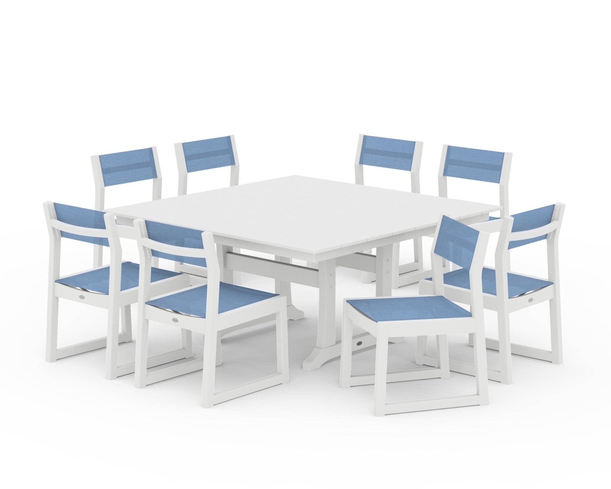 POLYWOOD EDGE Sling Side Chair 9-Piece Farmhouse Trestle Dining Set — White / Poolside Sling