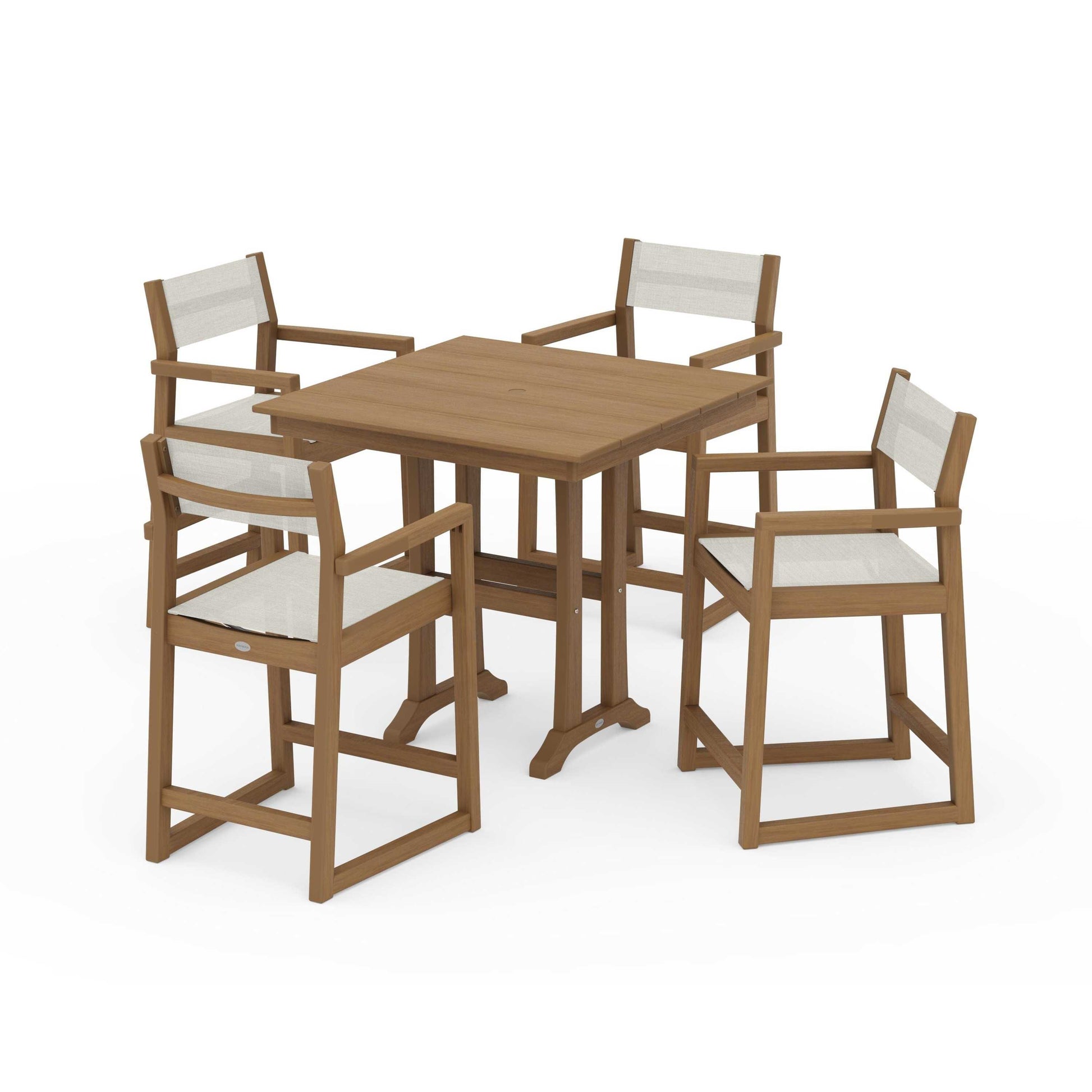 POLYWOOD EDGE Sling Arm Chair 5-Piece Farmhouse Counter Set with Trestle Legs — Natural / Parchment Sling