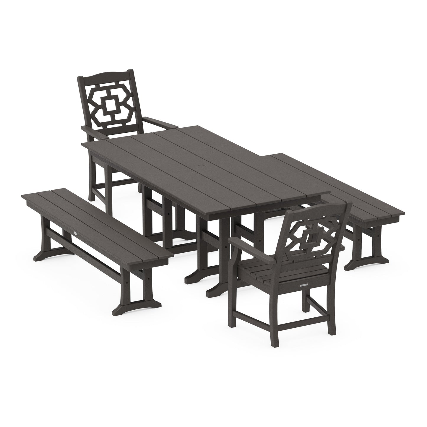 POLYWOOD Chinoiserie 5-Piece Farmhouse Dining Set with Benches — Vintage Coffee