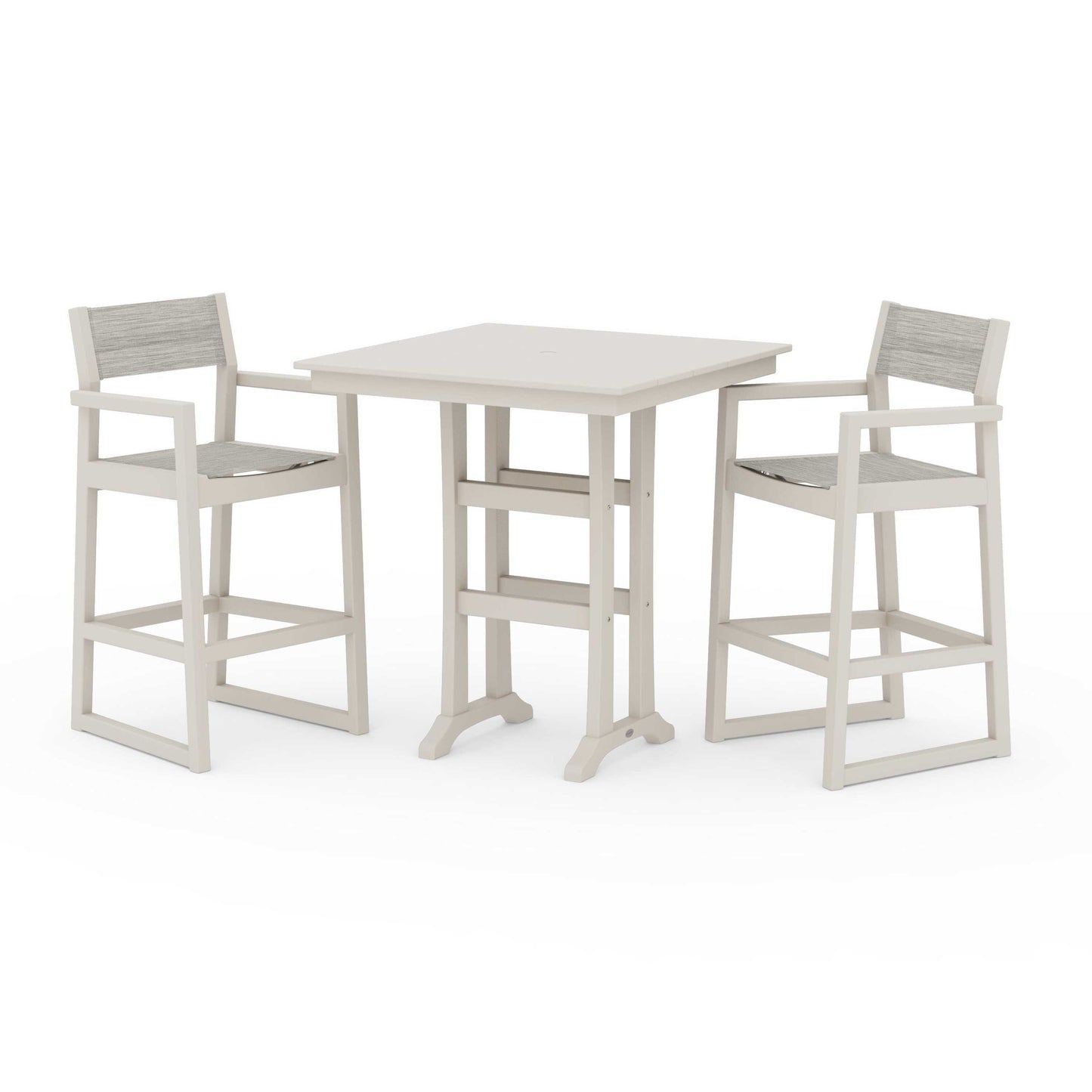 POLYWOOD EDGE Sling Arm Chair 3-Piece Farmhouse Bar Set with Trestle Legs — Sand / Birch Sling