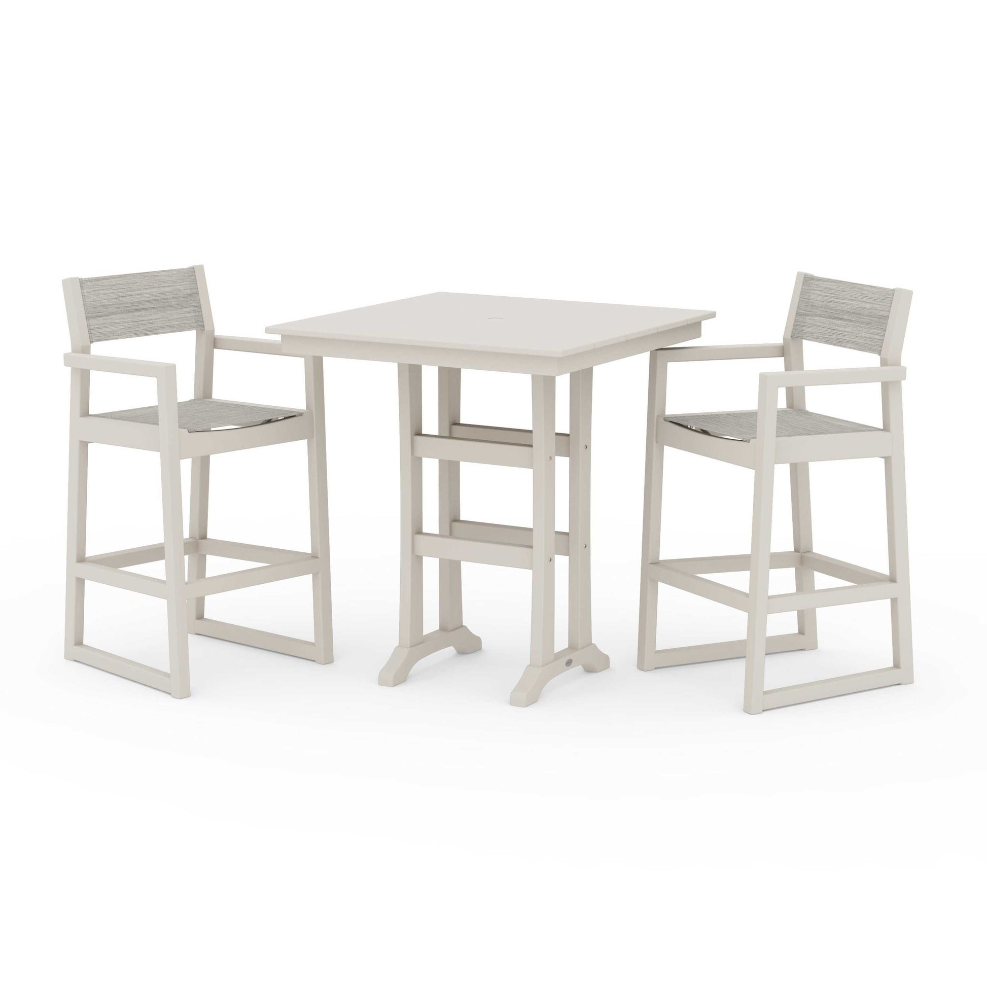 POLYWOOD EDGE Sling Arm Chair 3-Piece Farmhouse Bar Set with Trestle Legs — Sand / Birch Sling