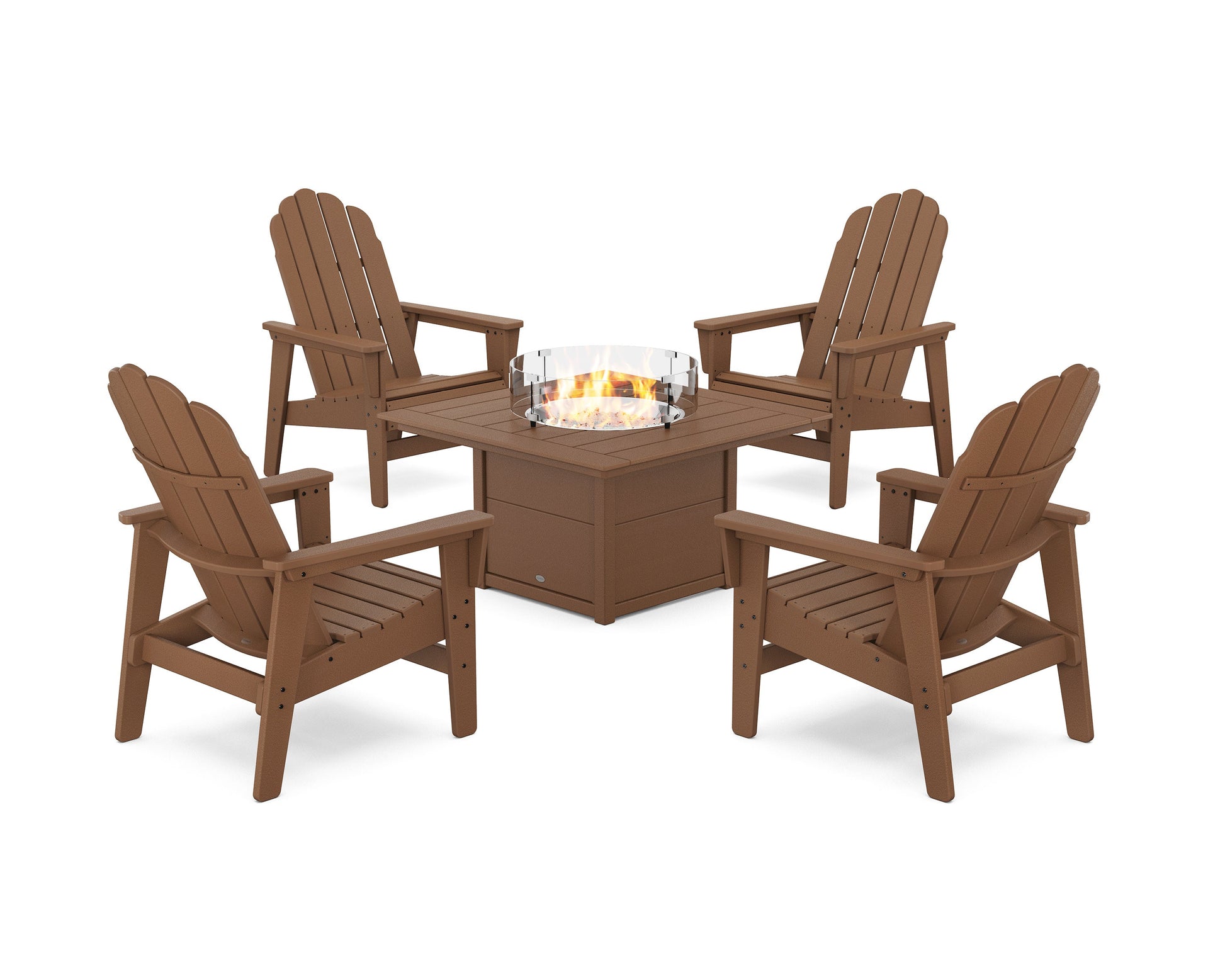 POLYWOOD 5-Piece Vineyard Grand Upright Adirondack Conversation Set with Fire Pit Table — Teak