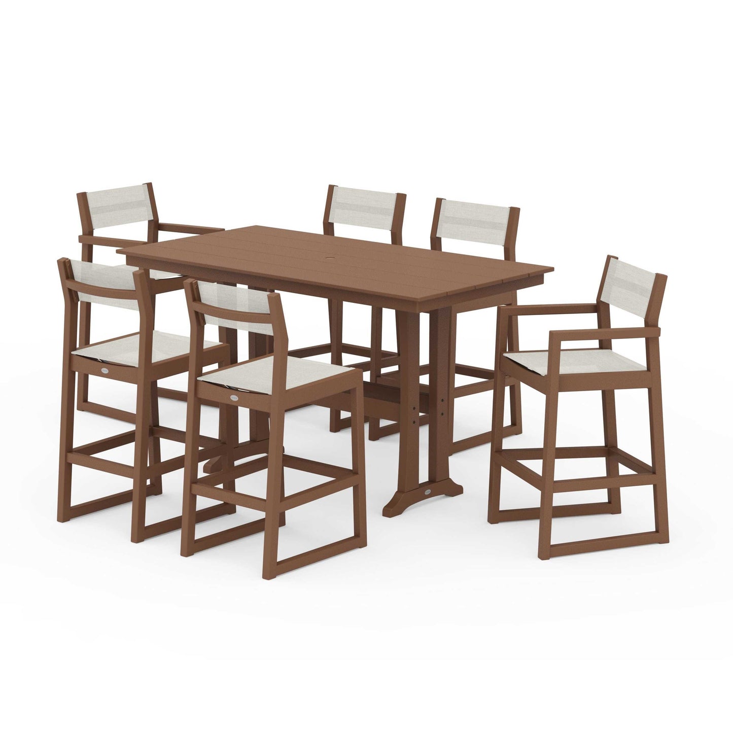 POLYWOOD EDGE Sling 7-Piece Farmhouse Bar Set with Trestle Legs — Teak / Parchment Sling