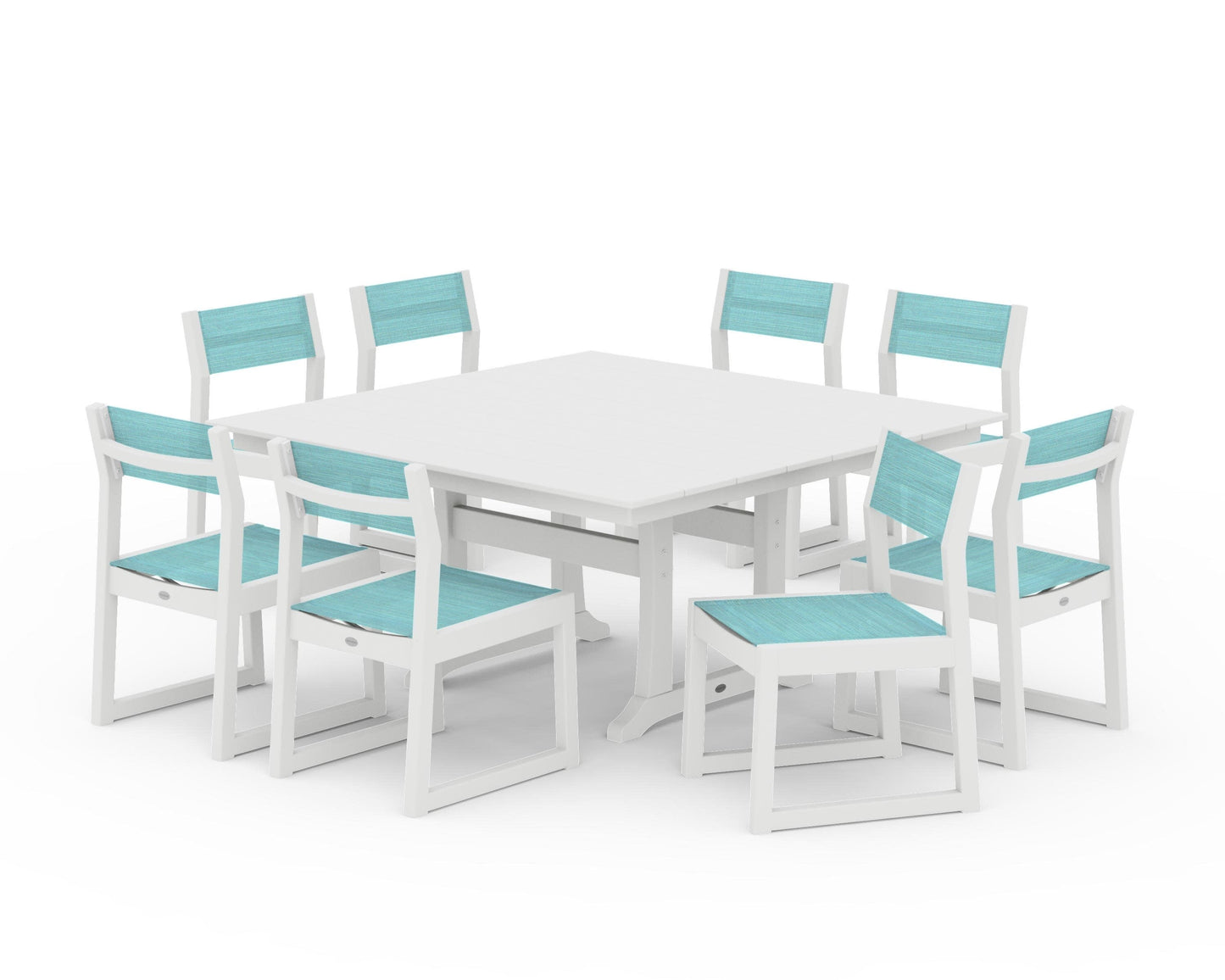 POLYWOOD EDGE Sling Side Chair 9-Piece Farmhouse Trestle Dining Set — White / Dupioni Aquamarine Sling