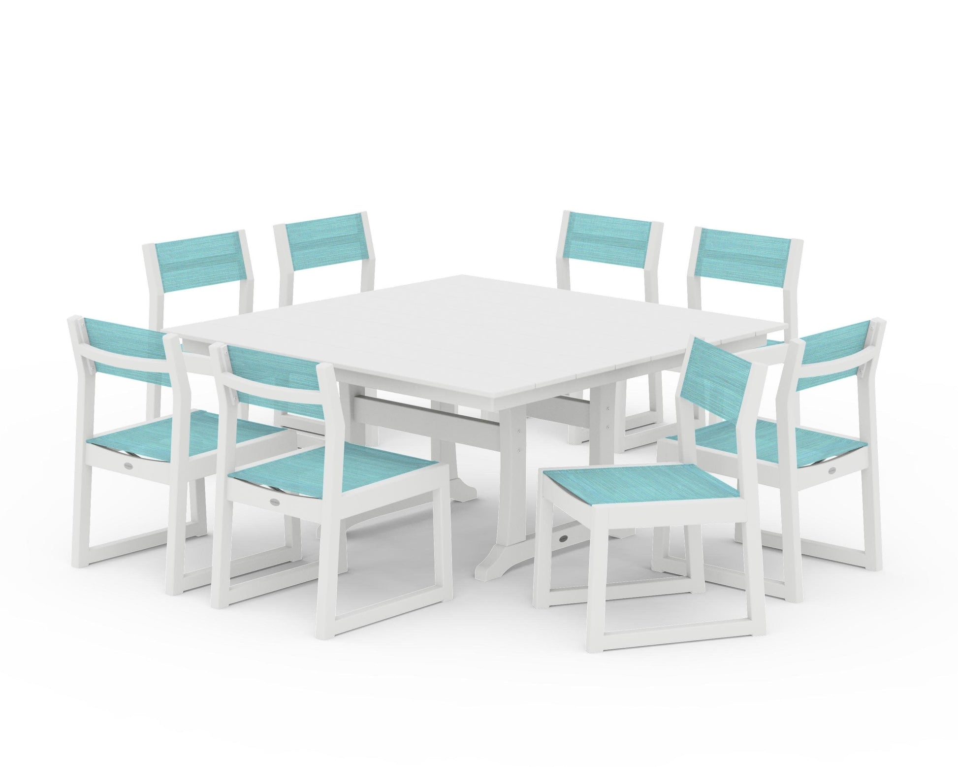 POLYWOOD EDGE Sling Side Chair 9-Piece Farmhouse Trestle Dining Set — White / Dupioni Aquamarine Sling