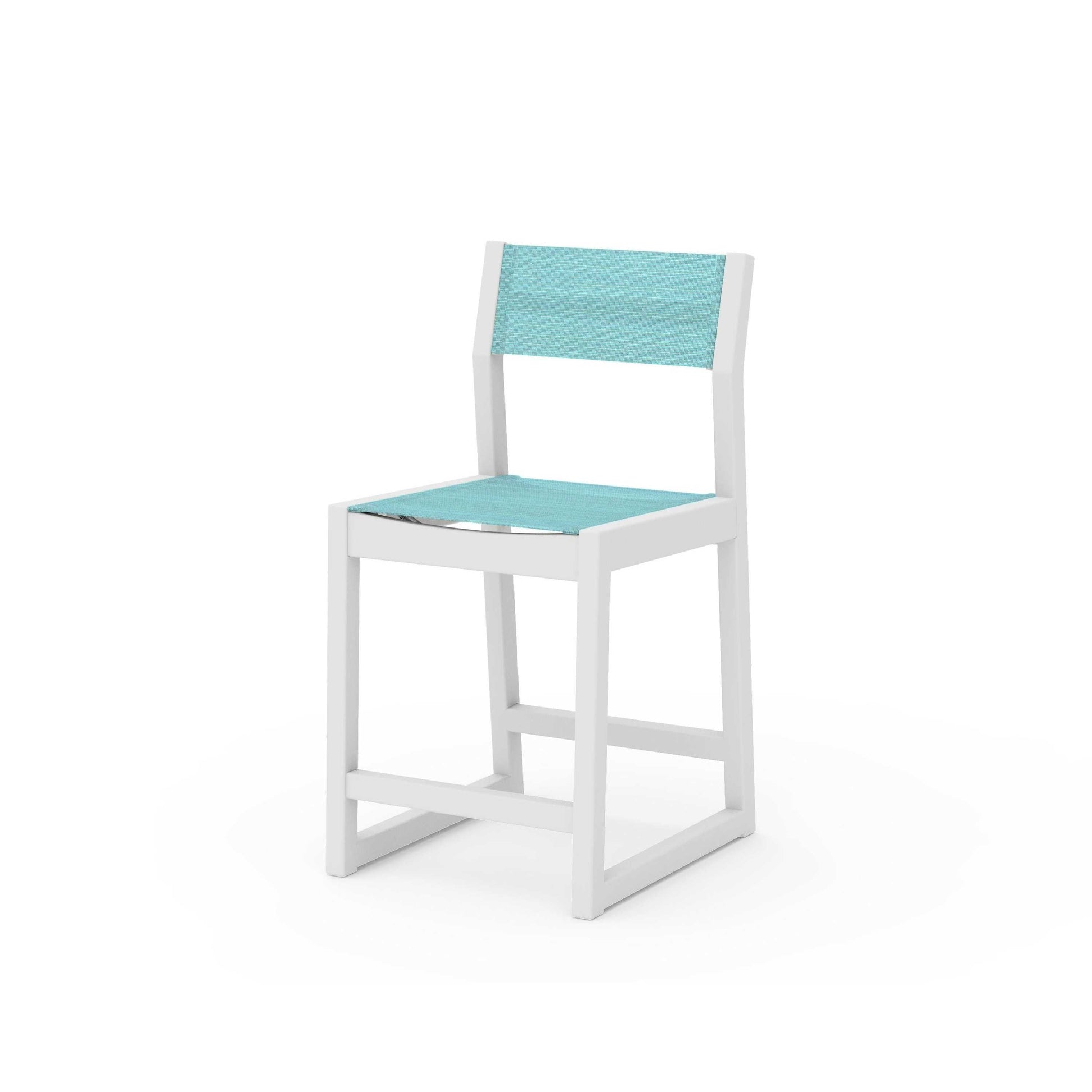 POLYWOOD EDGE Sling Counter Side Chair — White / Dupioni Aquamarine Sling