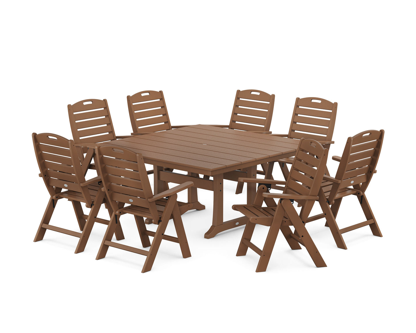 POLYWOOD Nautical Highback 9-Piece Square Farmhouse Dining Set with Trestle Legs — Teak