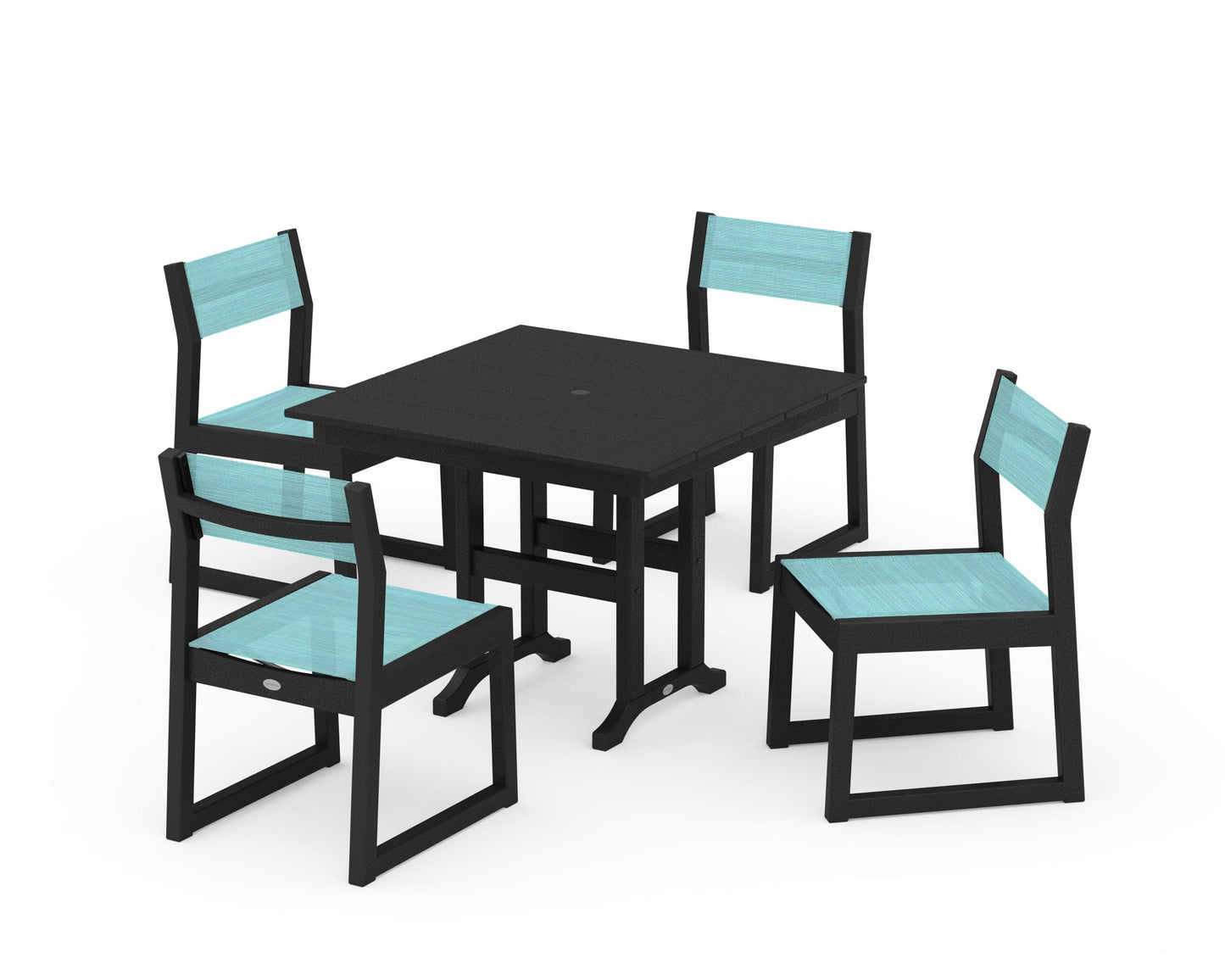 POLYWOOD EDGE Sling Side Chair 5-Piece Farmhouse Dining Set — Black / Dupioni Aquamarine Sling