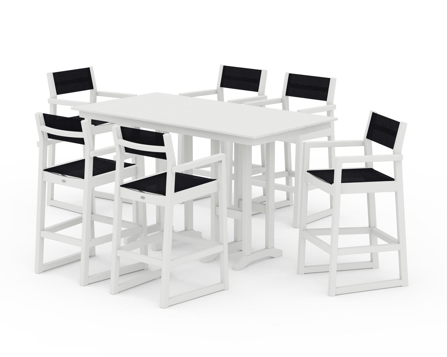 POLYWOOD EDGE Sling Arm Chair 7-Piece Farmhouse Bar Set — Vintage White / Black Sling