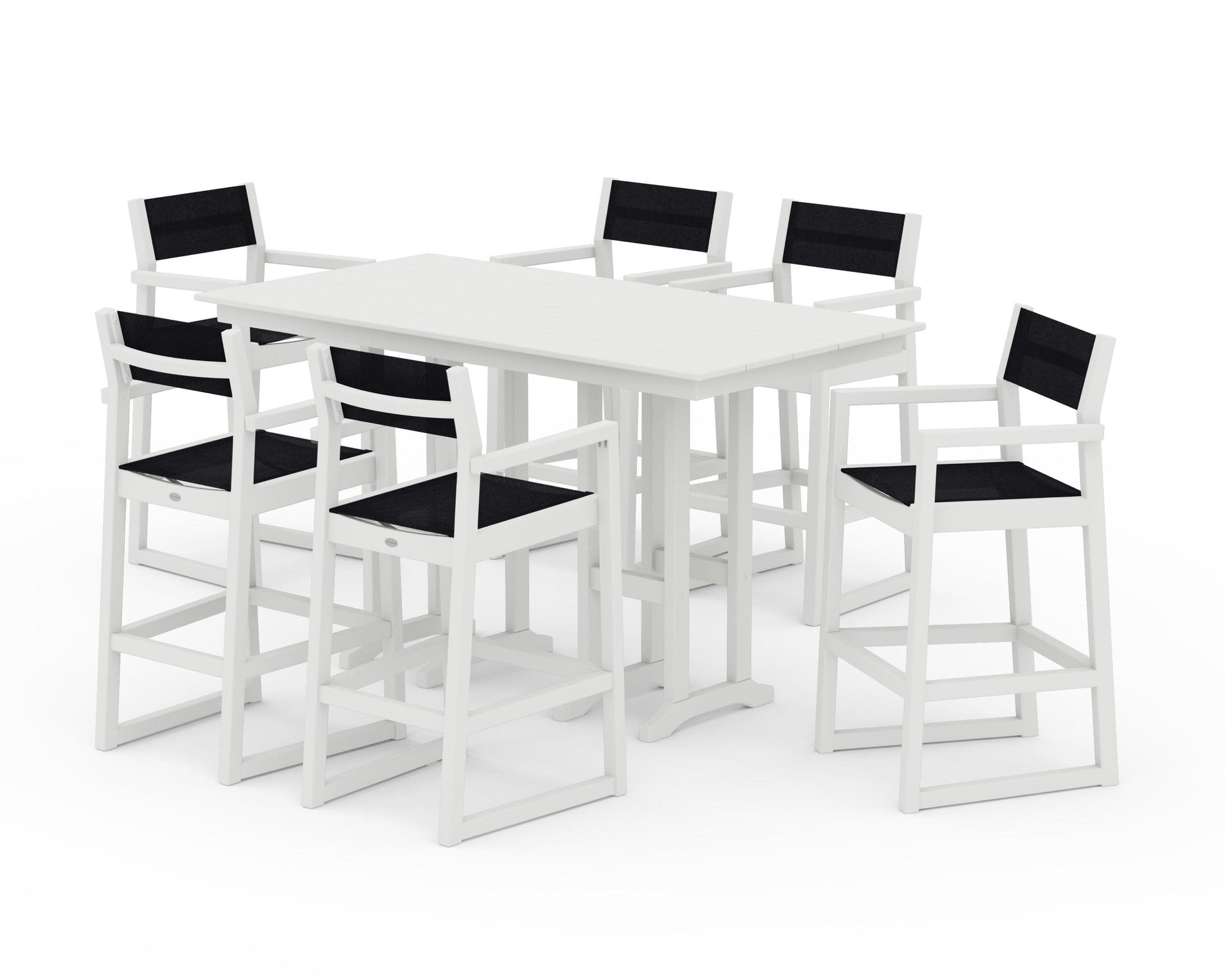 POLYWOOD EDGE Sling Arm Chair 7-Piece Farmhouse Bar Set — Vintage White / Black Sling