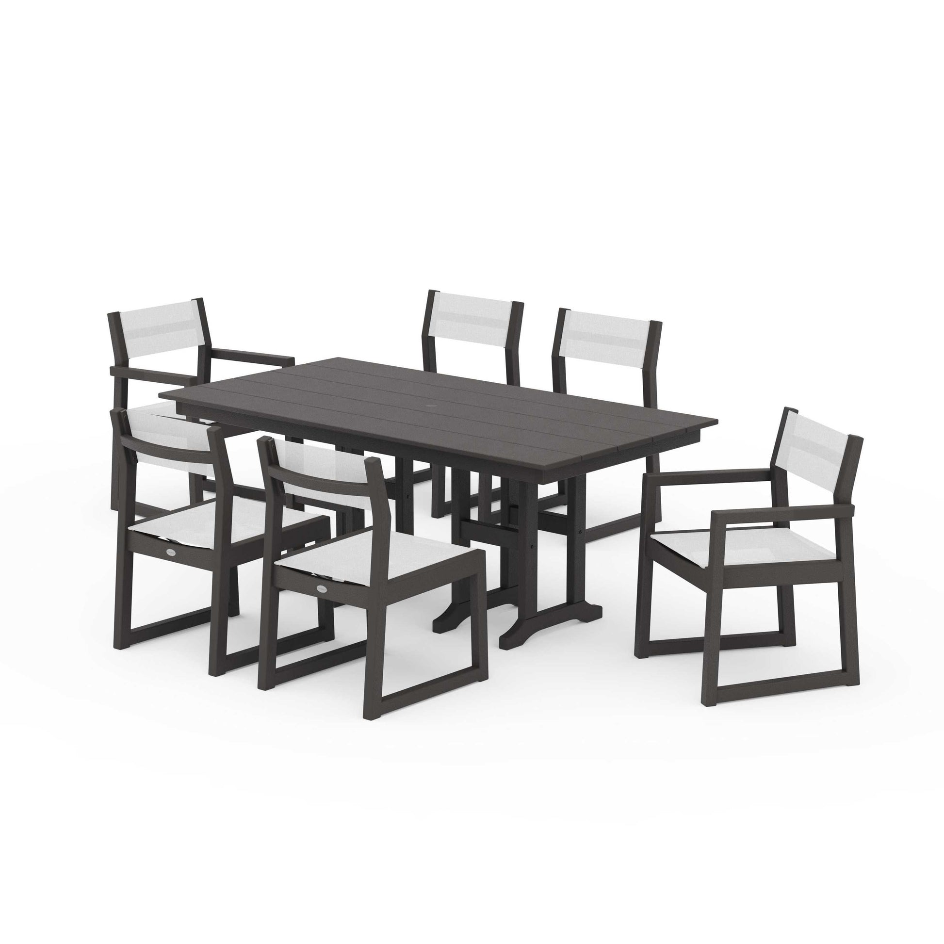 POLYWOOD EDGE Sling 7-Piece Farmhouse Dining Set — Vintage Coffee / White Sling