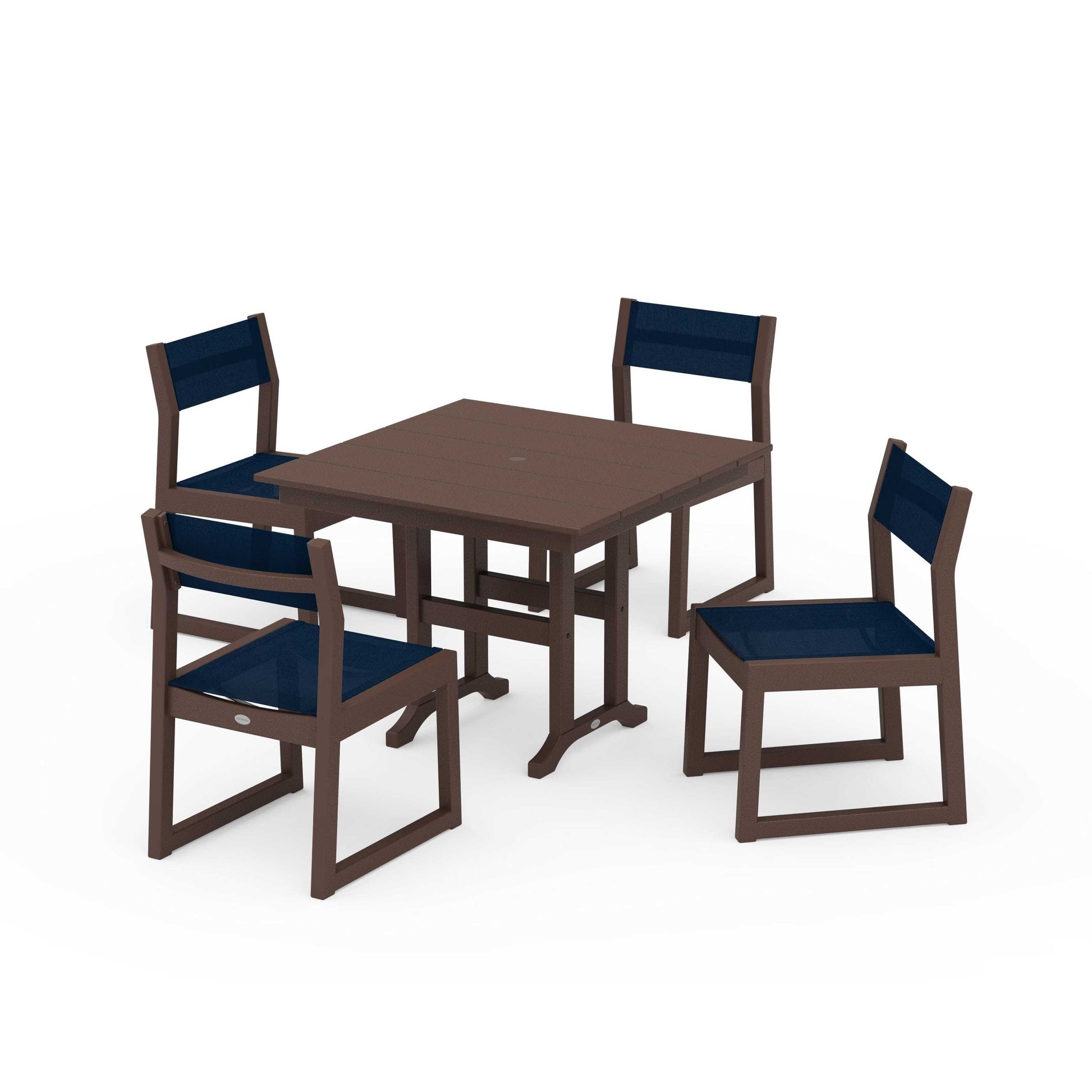 POLYWOOD EDGE Sling Side Chair 5-Piece Farmhouse Dining Set — Mahogany / Navy Blue Sling