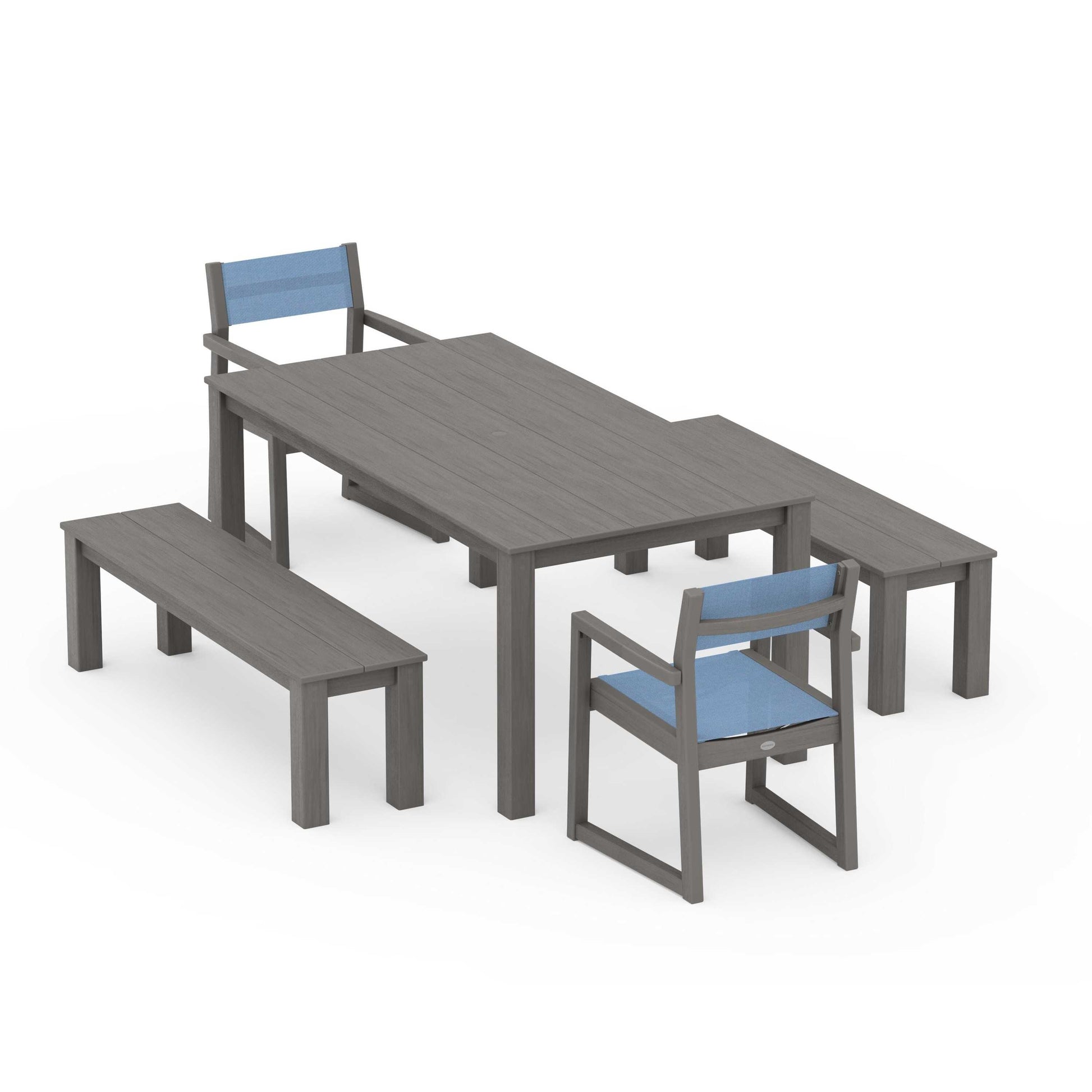 POLYWOOD EDGE Sling Arm Chair 5-Piece Parsons Dining Set with Benches — Driftwood / Poolside Sling
