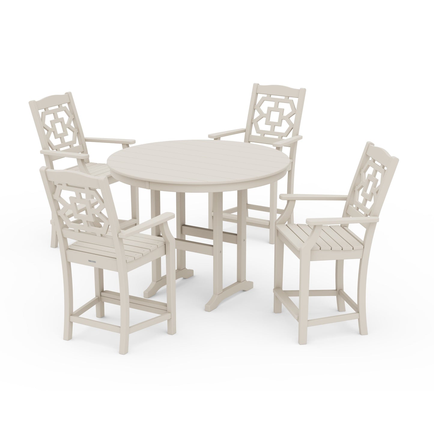 POLYWOOD Chinoiserie 5-Piece Round Farmhouse Counter Set — Sand