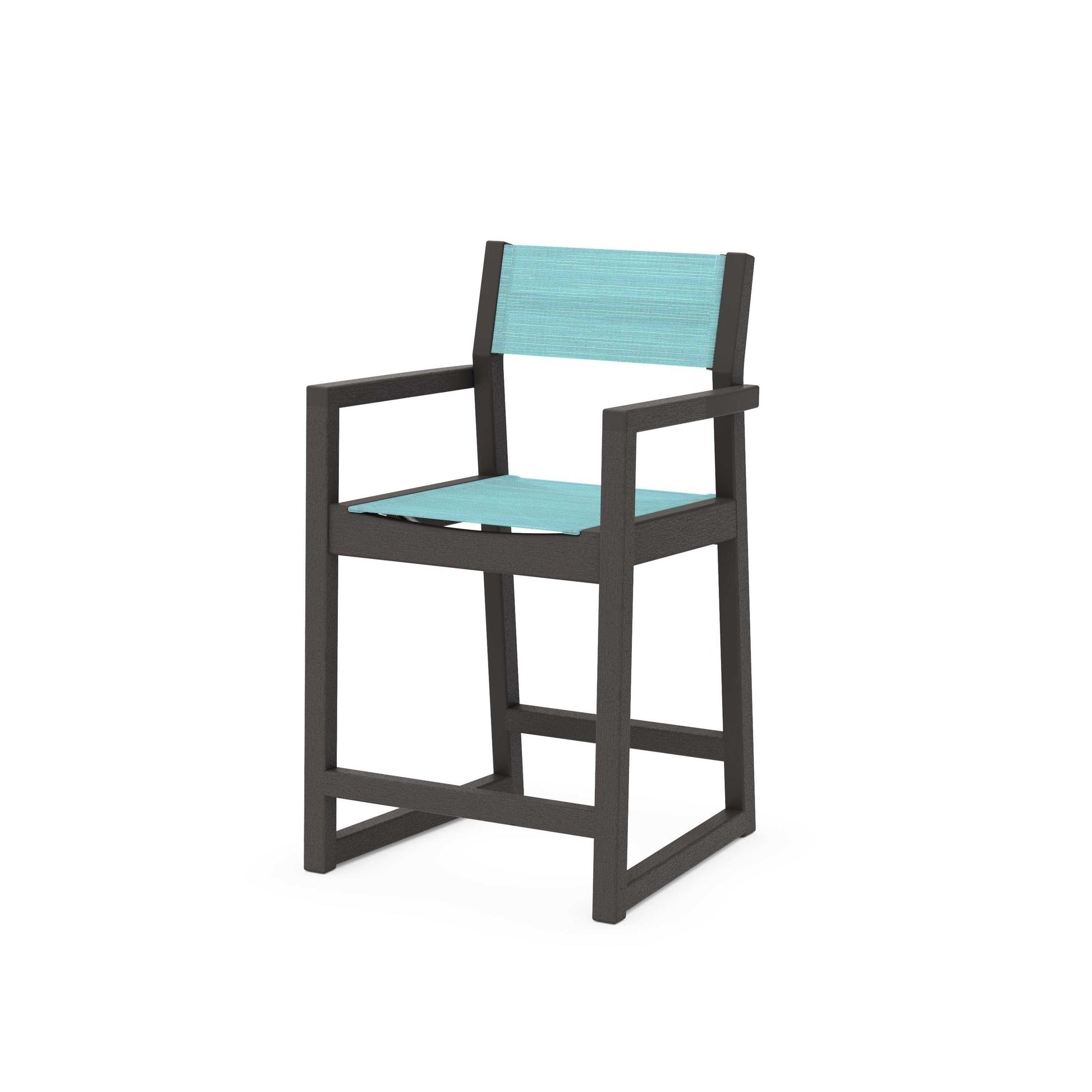 POLYWOOD EDGE Sling Counter Arm Chair — Vintage Coffee / Dupioni Aquamarine Sling