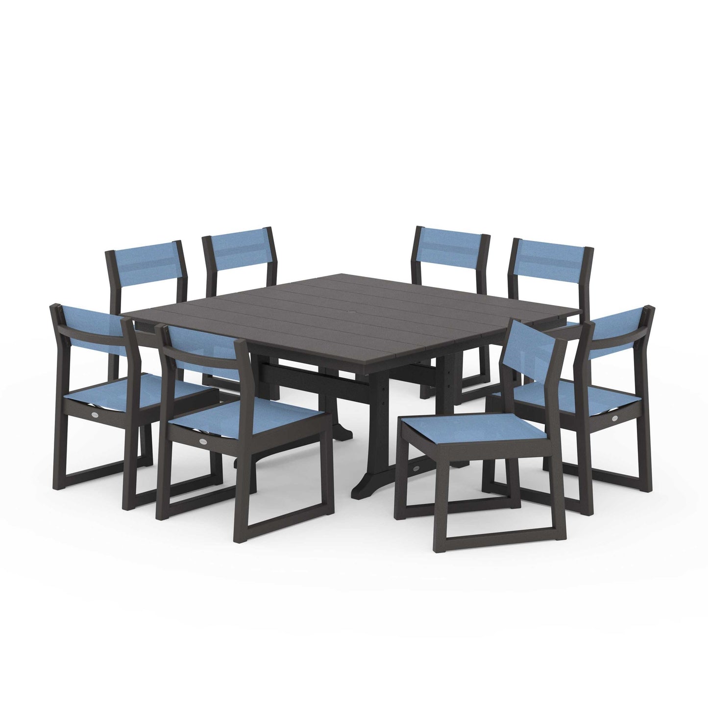 POLYWOOD EDGE Sling Side Chair 9-Piece Farmhouse Trestle Dining Set — Vintage Coffee / Poolside Sling