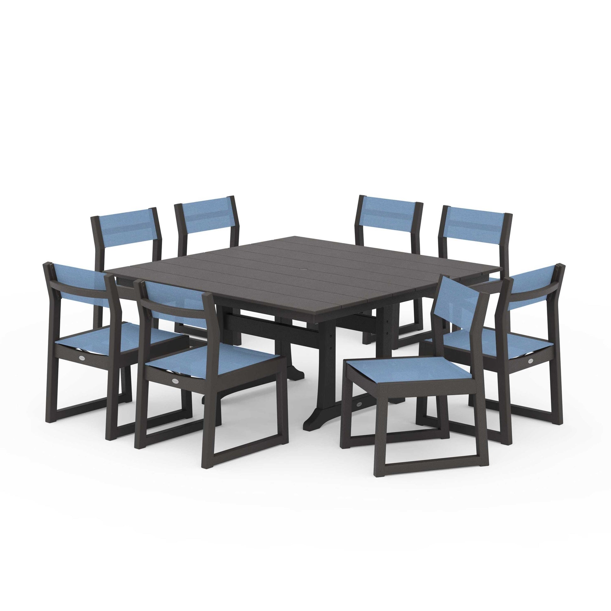 POLYWOOD EDGE Sling Side Chair 9-Piece Farmhouse Trestle Dining Set — Vintage Coffee / Poolside Sling