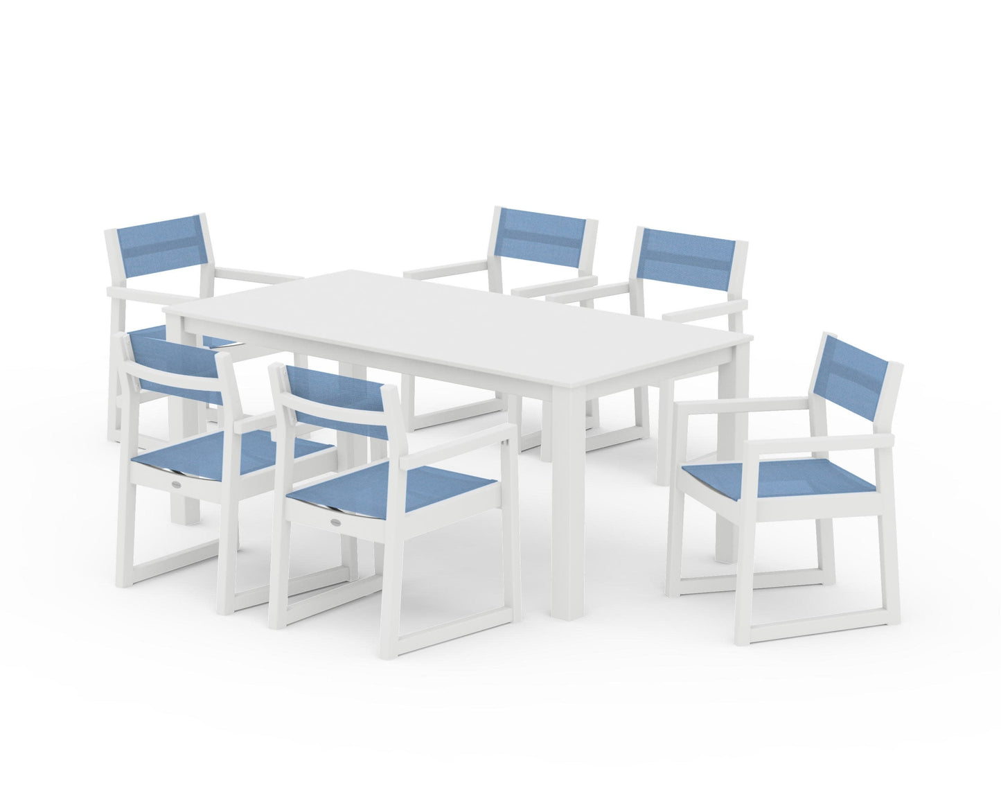 POLYWOOD EDGE Sling Arm Chair 7-Piece Parsons Dining Set — White / Poolside Sling
