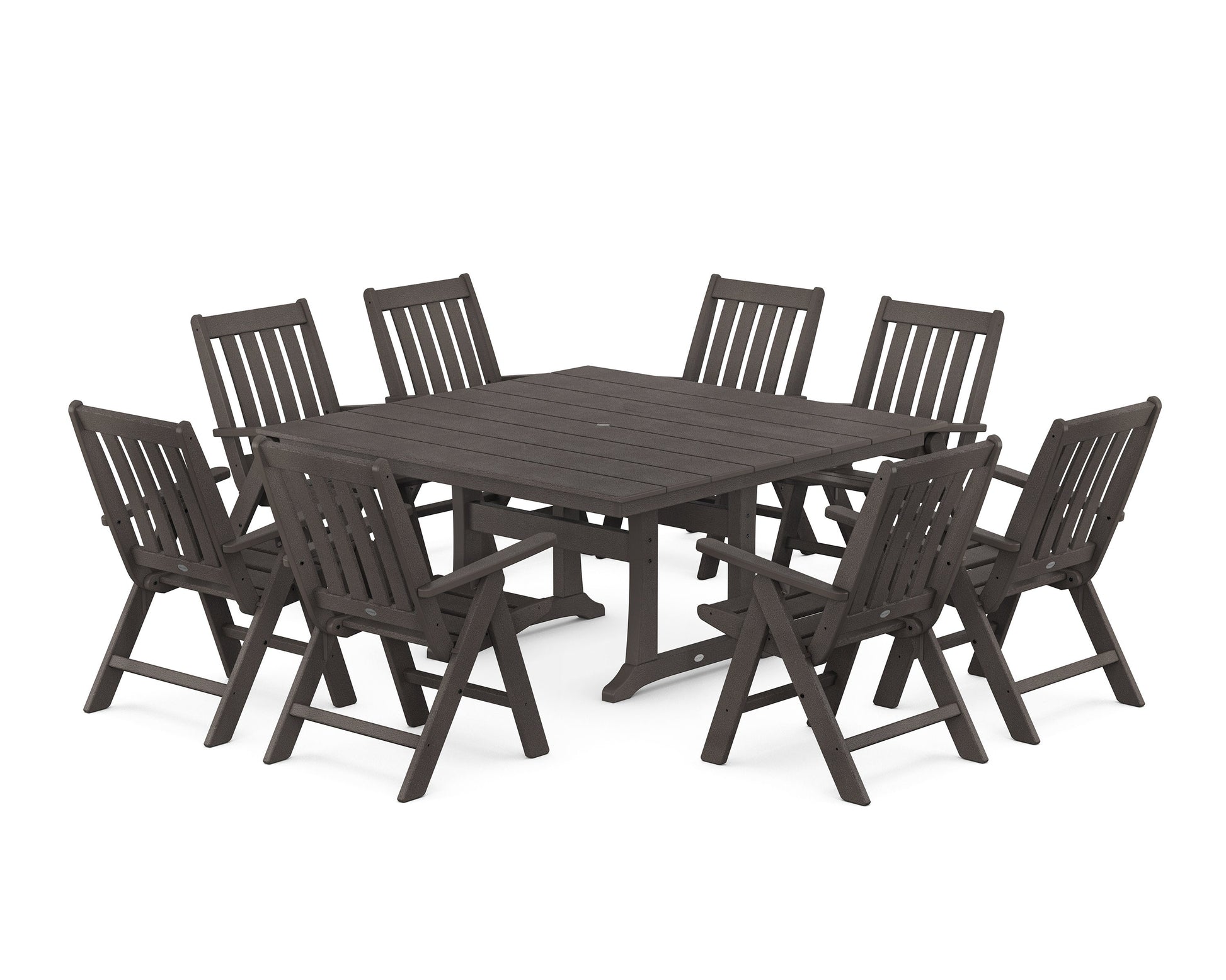 POLYWOOD Vineyard Folding Chair 9-Piece Square Farmhouse Dining Set with Trestle Legs — Vintage Coffee