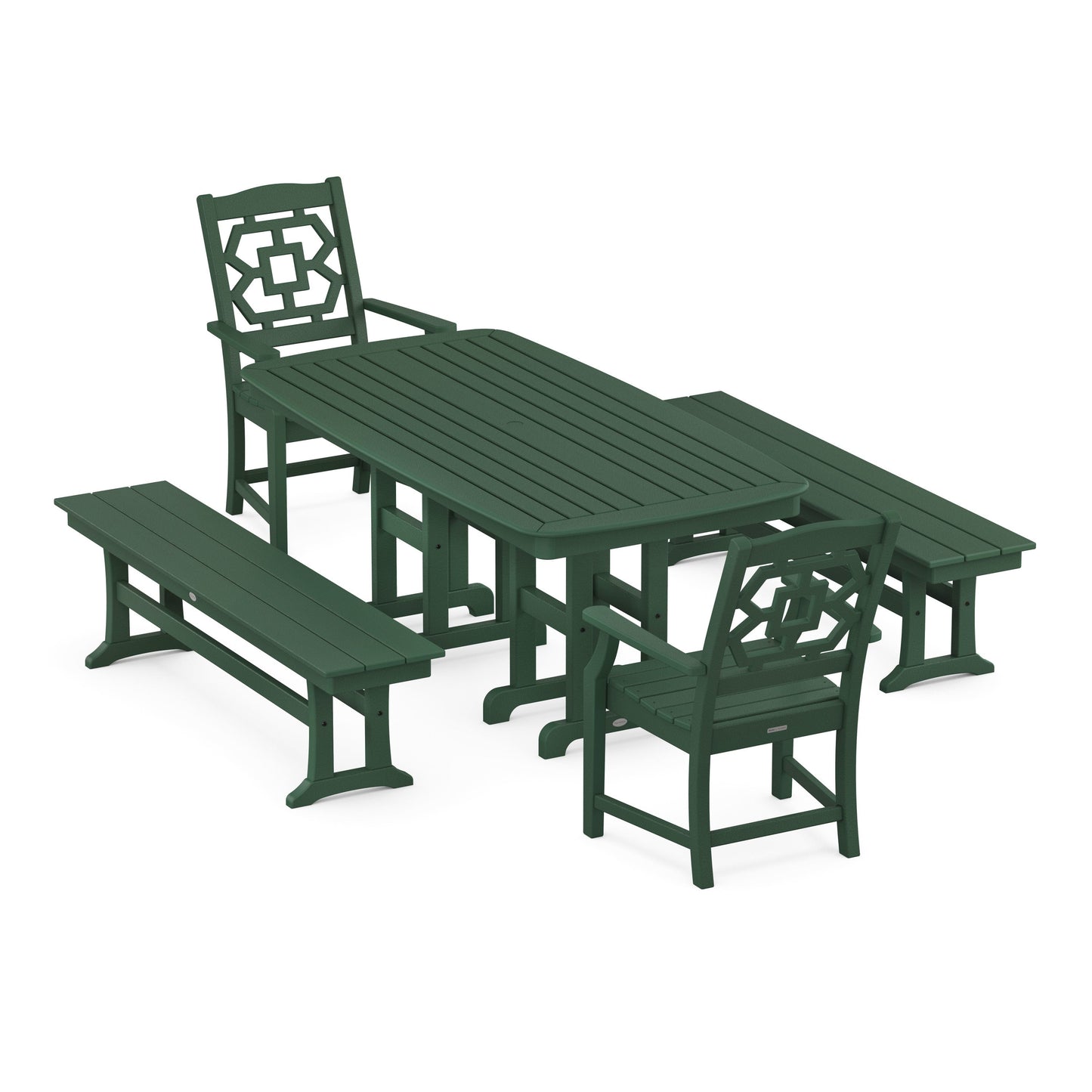 POLYWOOD Chinoiserie 5-Piece Dining Set with Benches — Green