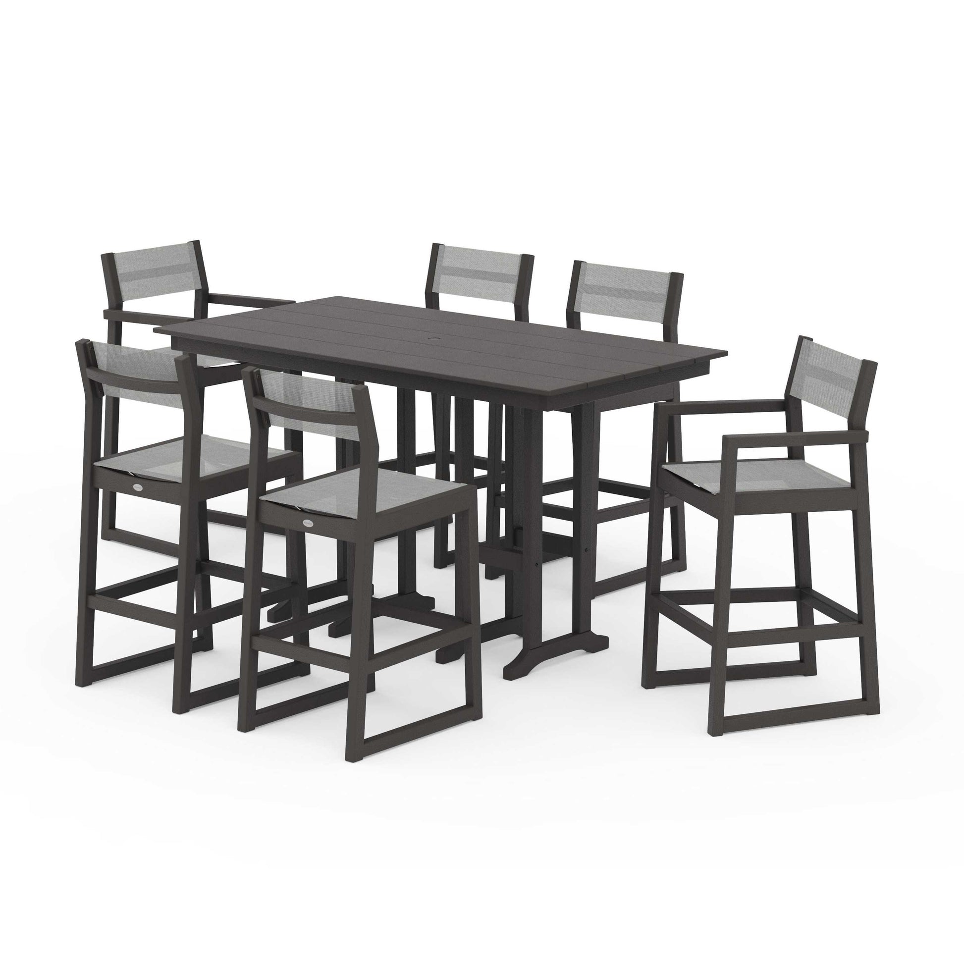 POLYWOOD EDGE Sling 7-Piece Farmhouse Bar Set — Vintage Coffee / Metallic Sling
