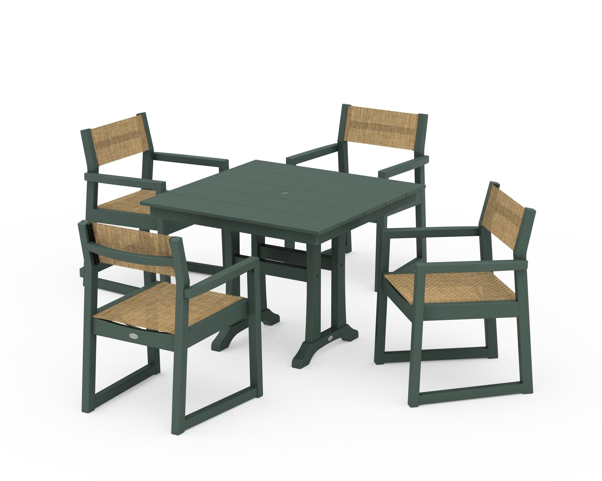 POLYWOOD EDGE Sling 5-Piece Farmhouse Dining Set with Trestle Legs — Green / Burlap Sling