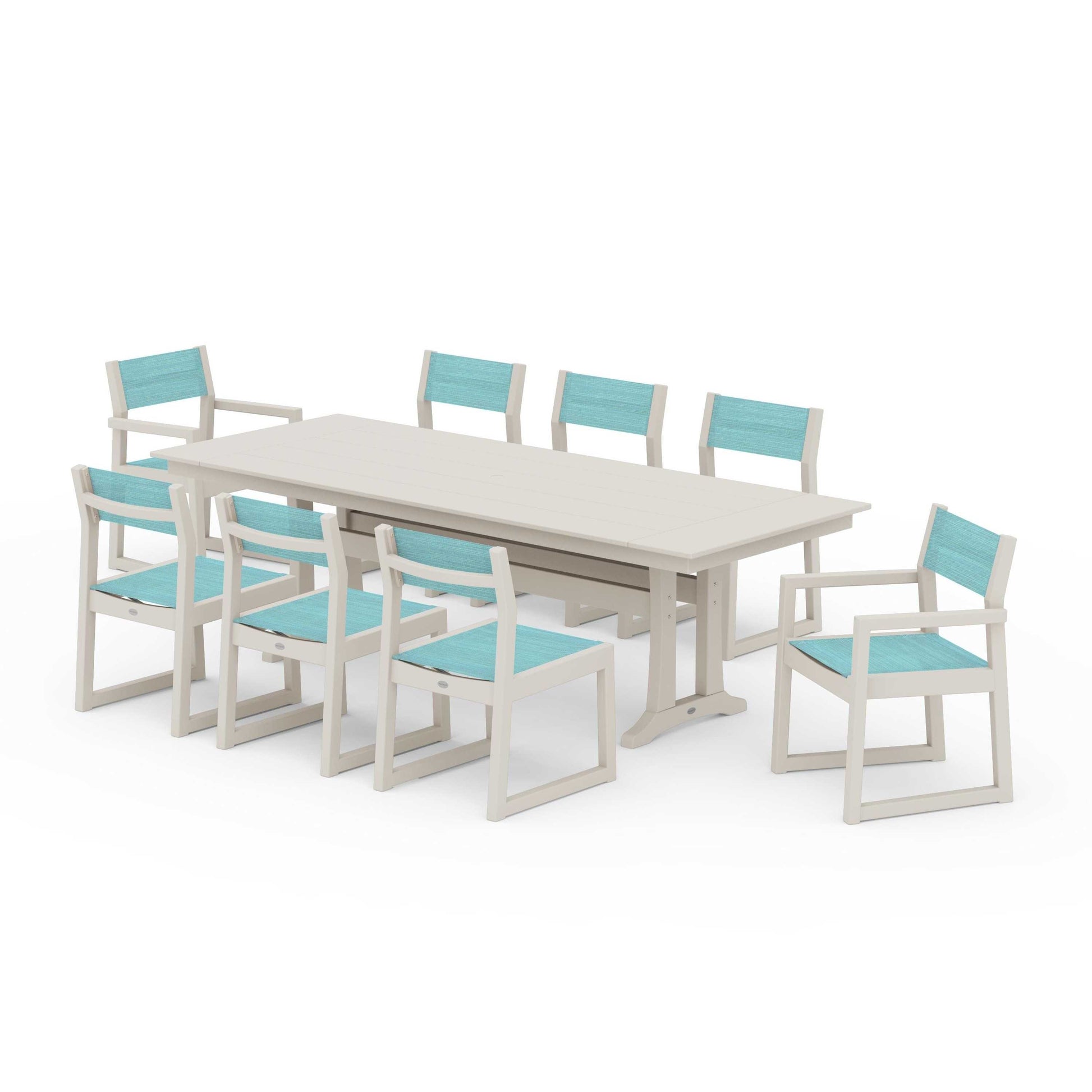 POLYWOOD EDGE Sling 9-Piece Farmhouse Trestle Dining Set — Sand / Dupioni Aquamarine Sling
