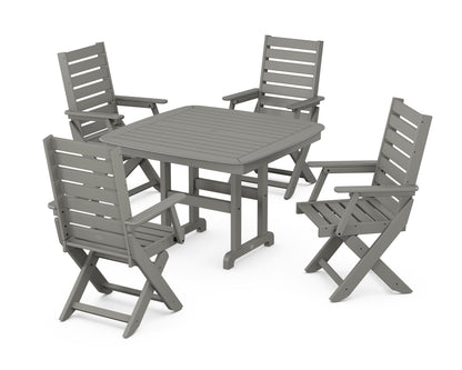 POLYWOOD Captain Folding Chair 5-Piece Dining Set with Trestle Legs — Slate Grey