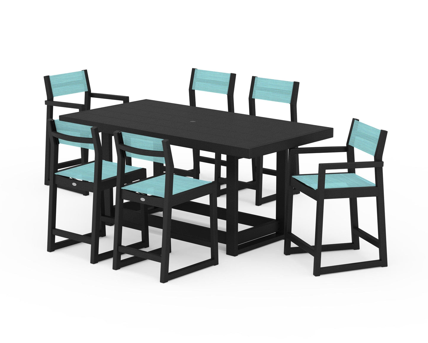 POLYWOOD EDGE Sling 7-Piece Counter Table Set — Black / Dupioni Aquamarine Sling