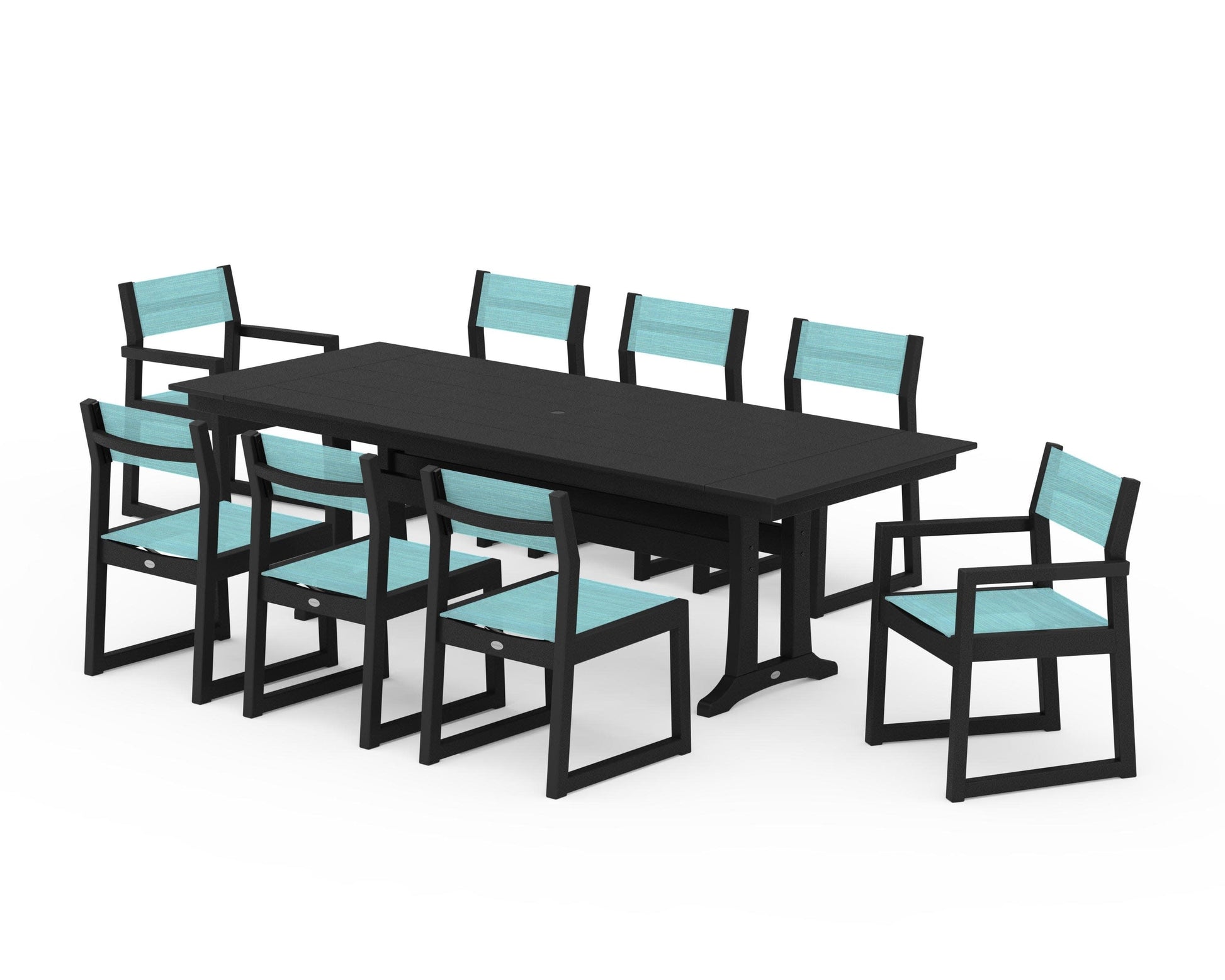 POLYWOOD EDGE Sling 9-Piece Farmhouse Trestle Dining Set — Black / Dupioni Aquamarine Sling