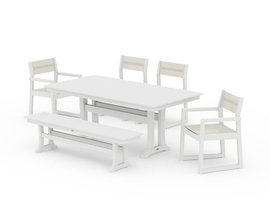 POLYWOOD EDGE Sling 6-Piece Farmhouse Dining Set With Trestle Legs — White / Parchment Sling