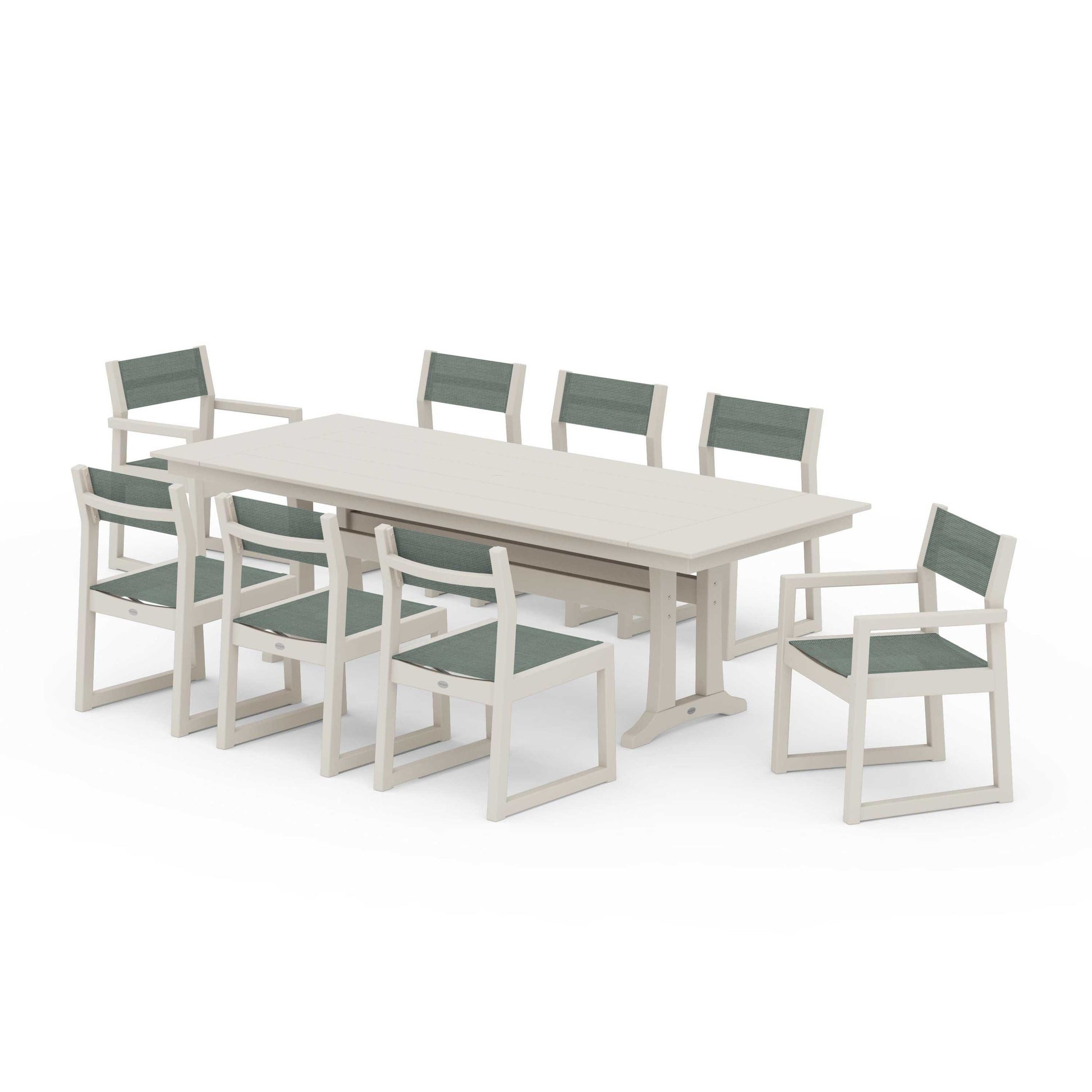 POLYWOOD EDGE Sling 9-Piece Farmhouse Trestle Dining Set — Sand / Dupioni Sea Mist Sling
