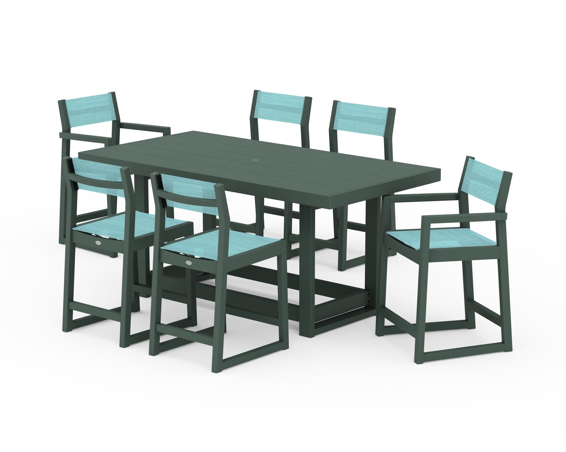 POLYWOOD EDGE Sling 7-Piece Counter Table Set — Green / Dupioni Aquamarine Sling