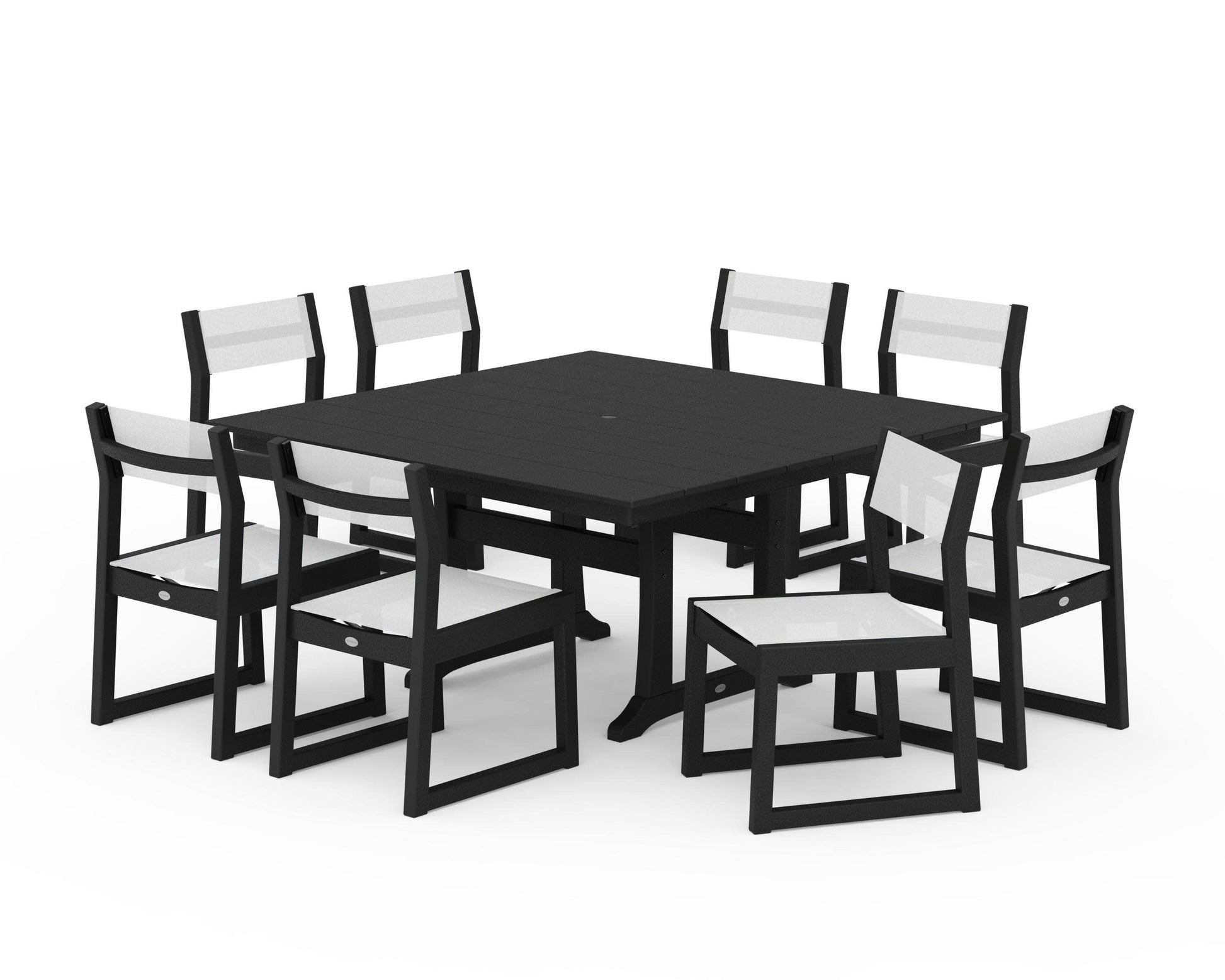 POLYWOOD EDGE Sling Side Chair 9-Piece Farmhouse Trestle Dining Set — Black / White Sling