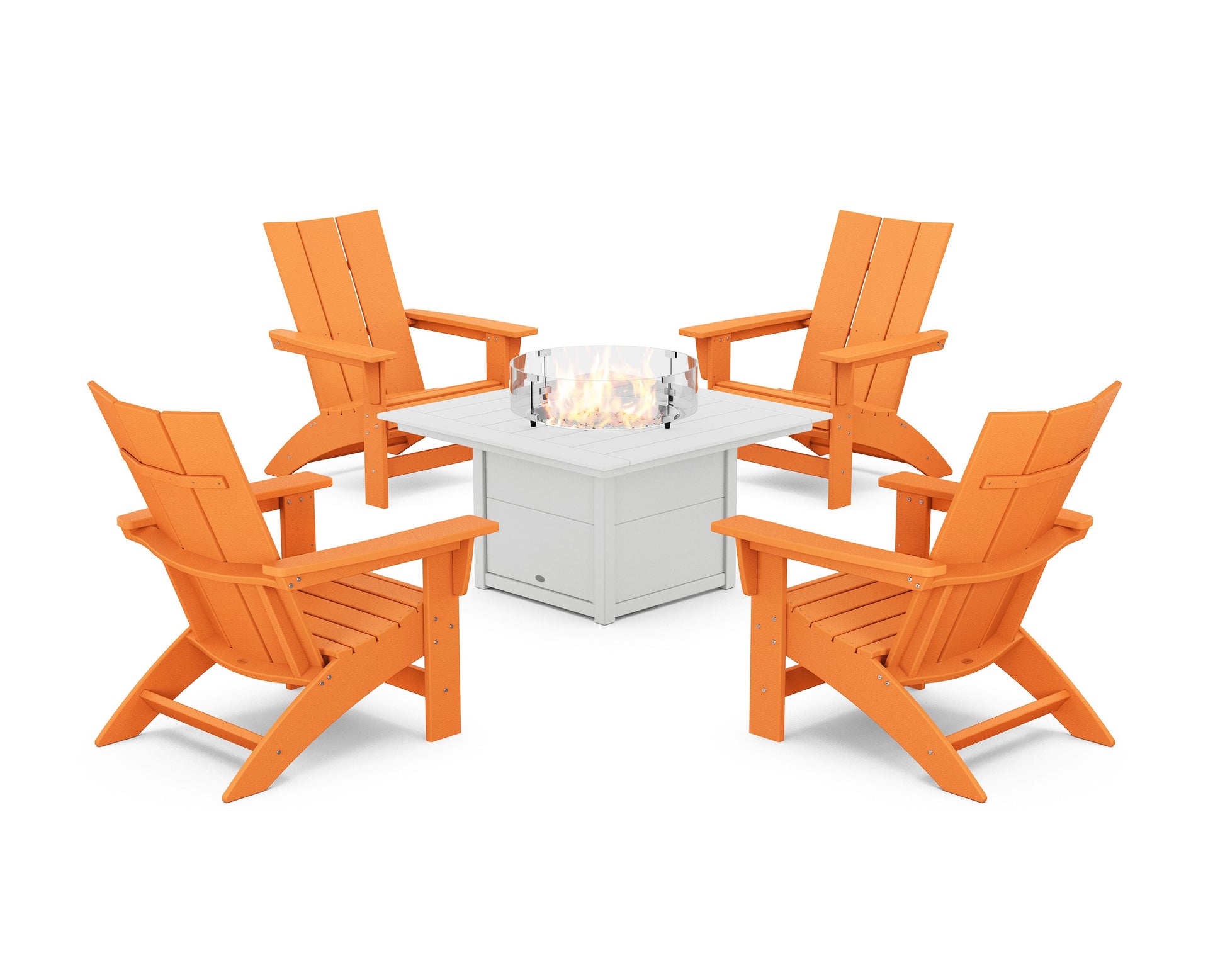 POLYWOOD 5-Piece Modern Grand Adirondack Conversation Set with Fire Pit Table — Tangerine / White